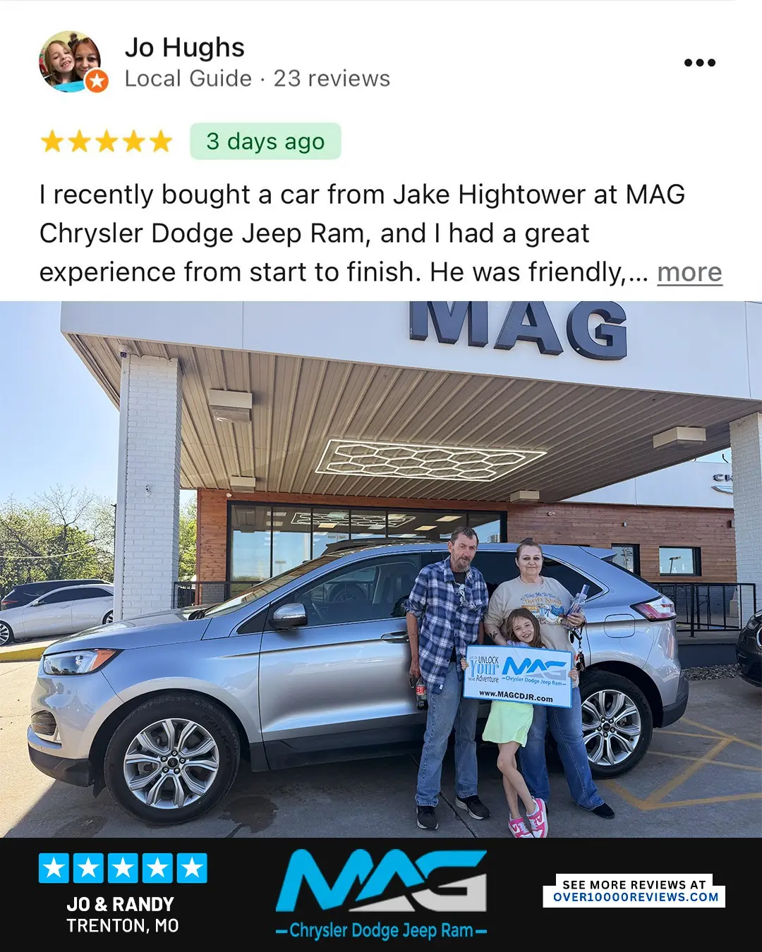 Smiling MAG CDJR customer featured in a testimonial about excellent car buying experience