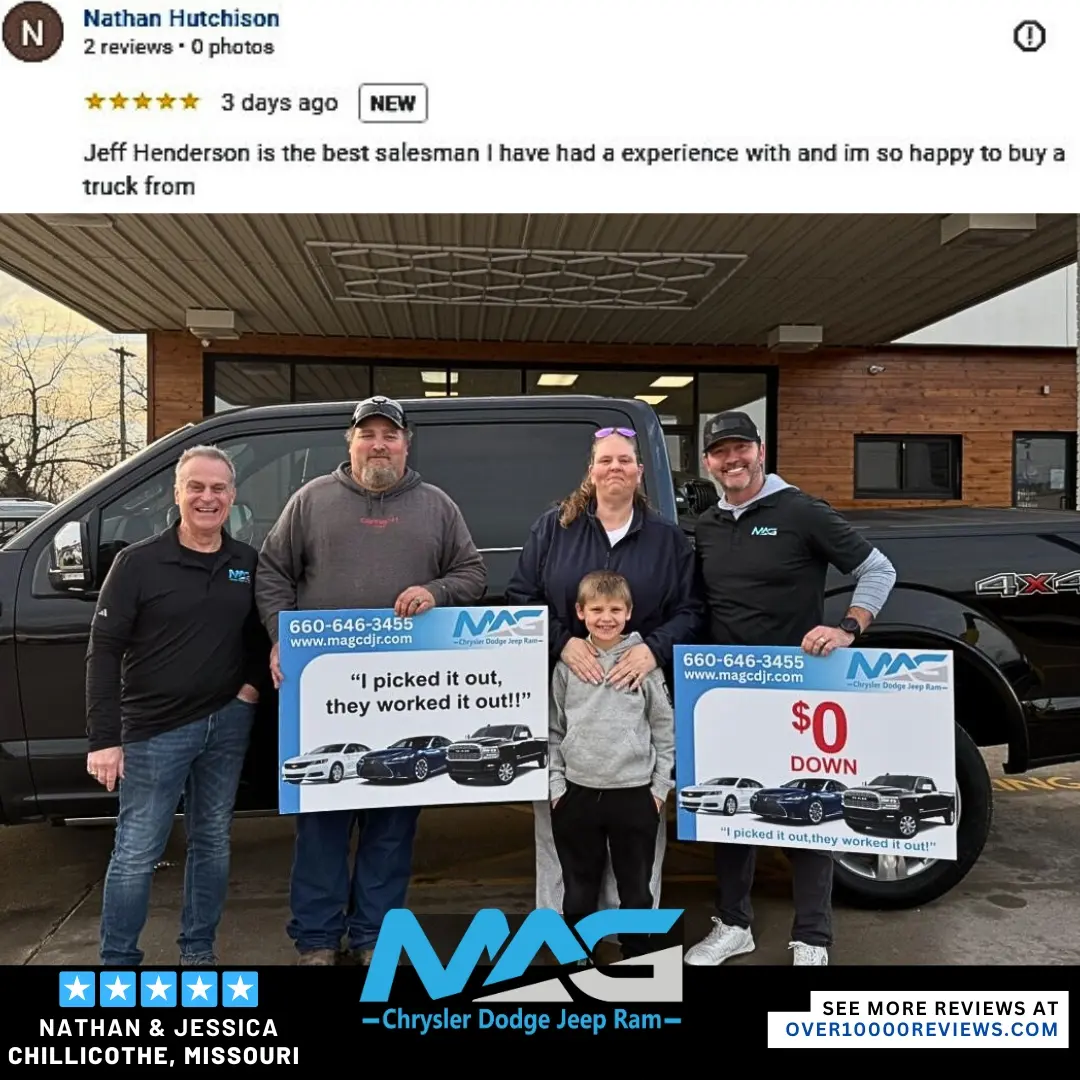 Smiling MAG CDJR customer featured in a testimonial about excellent car buying experience