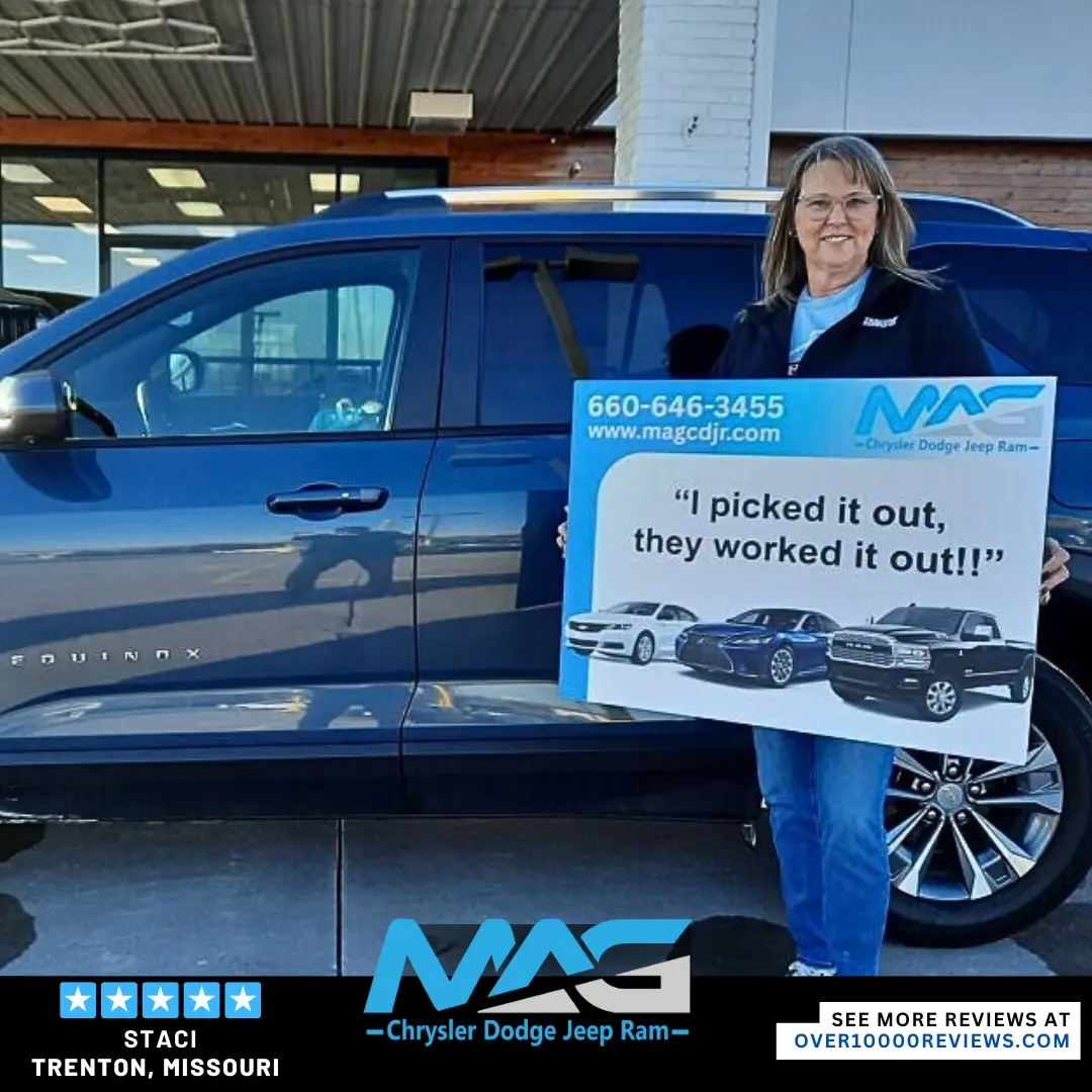 Smiling MAG CDJR customer featured in a testimonial about excellent car buying experience