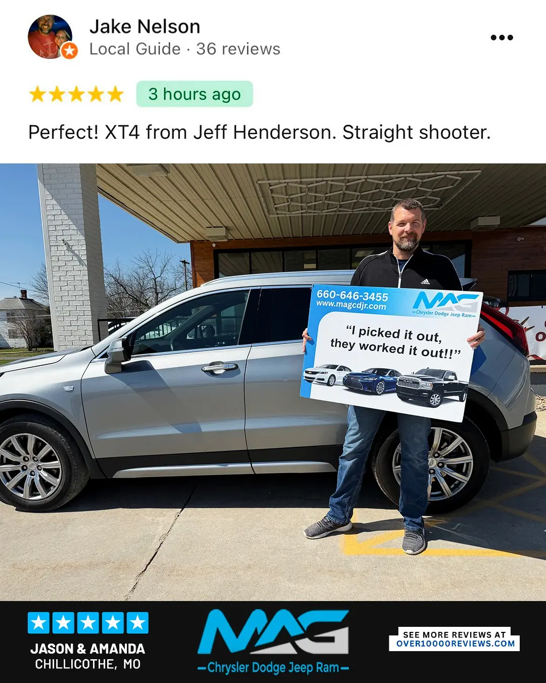 Smiling MAG CDJR customer featured in a testimonial about excellent car buying experience