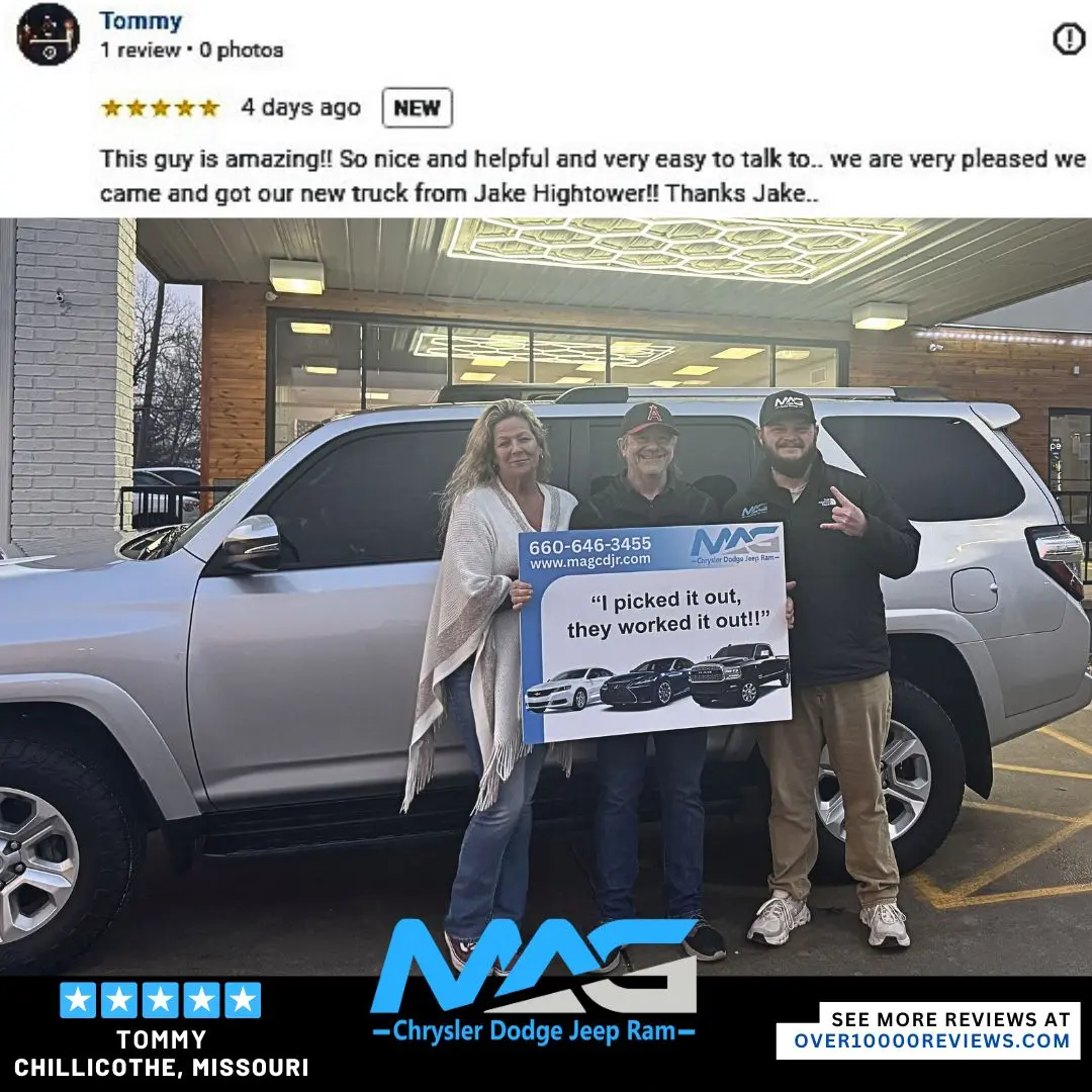 Smiling MAG CDJR customer featured in a testimonial about excellent car buying experience