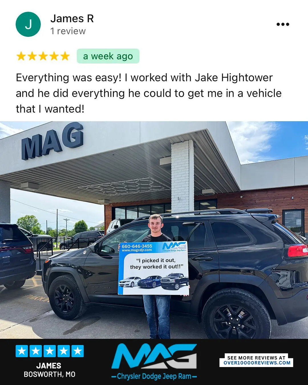 Smiling MAG CDJR customer featured in a testimonial about excellent car buying experience