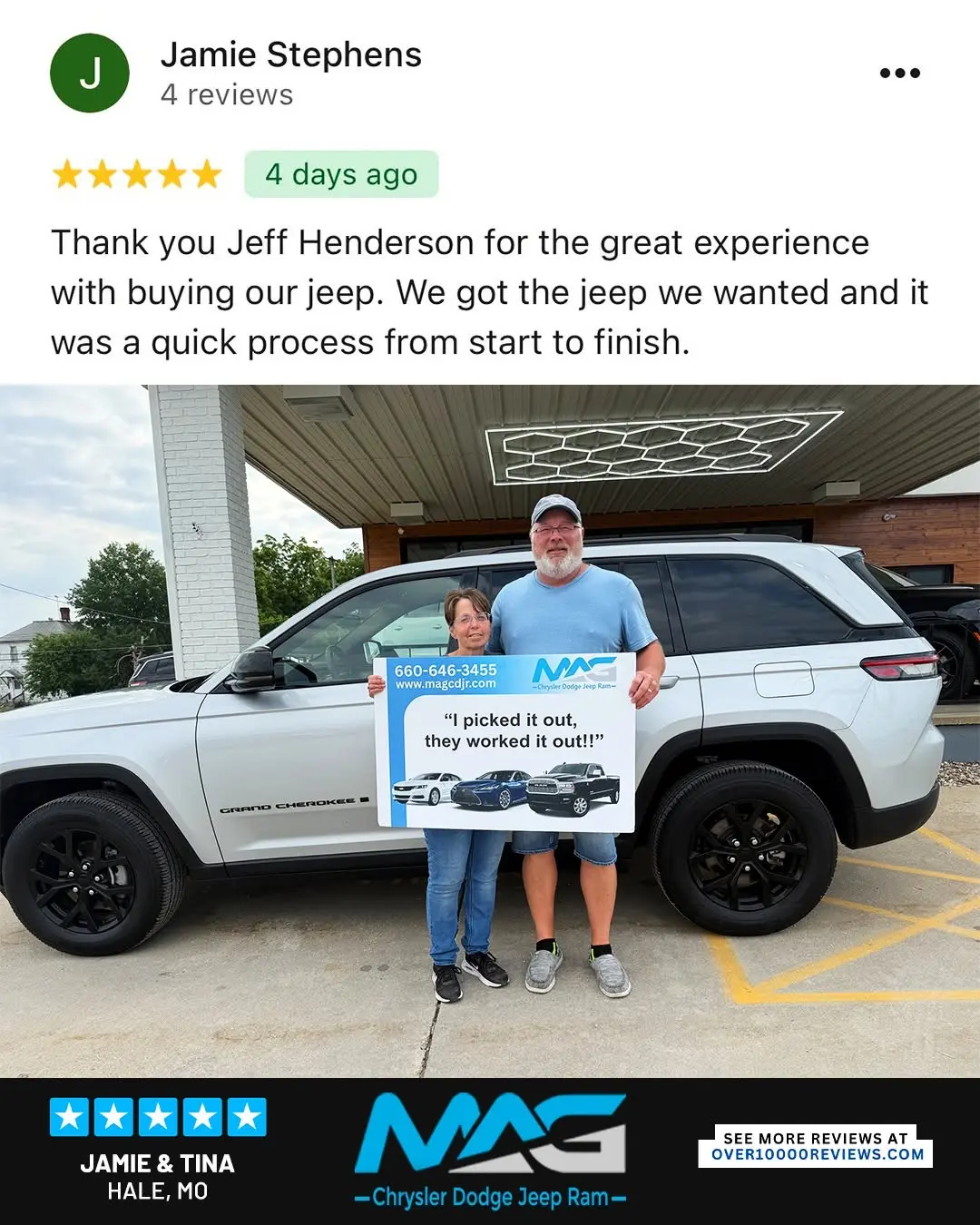 Smiling MAG CDJR customer featured in a testimonial about excellent car buying experience