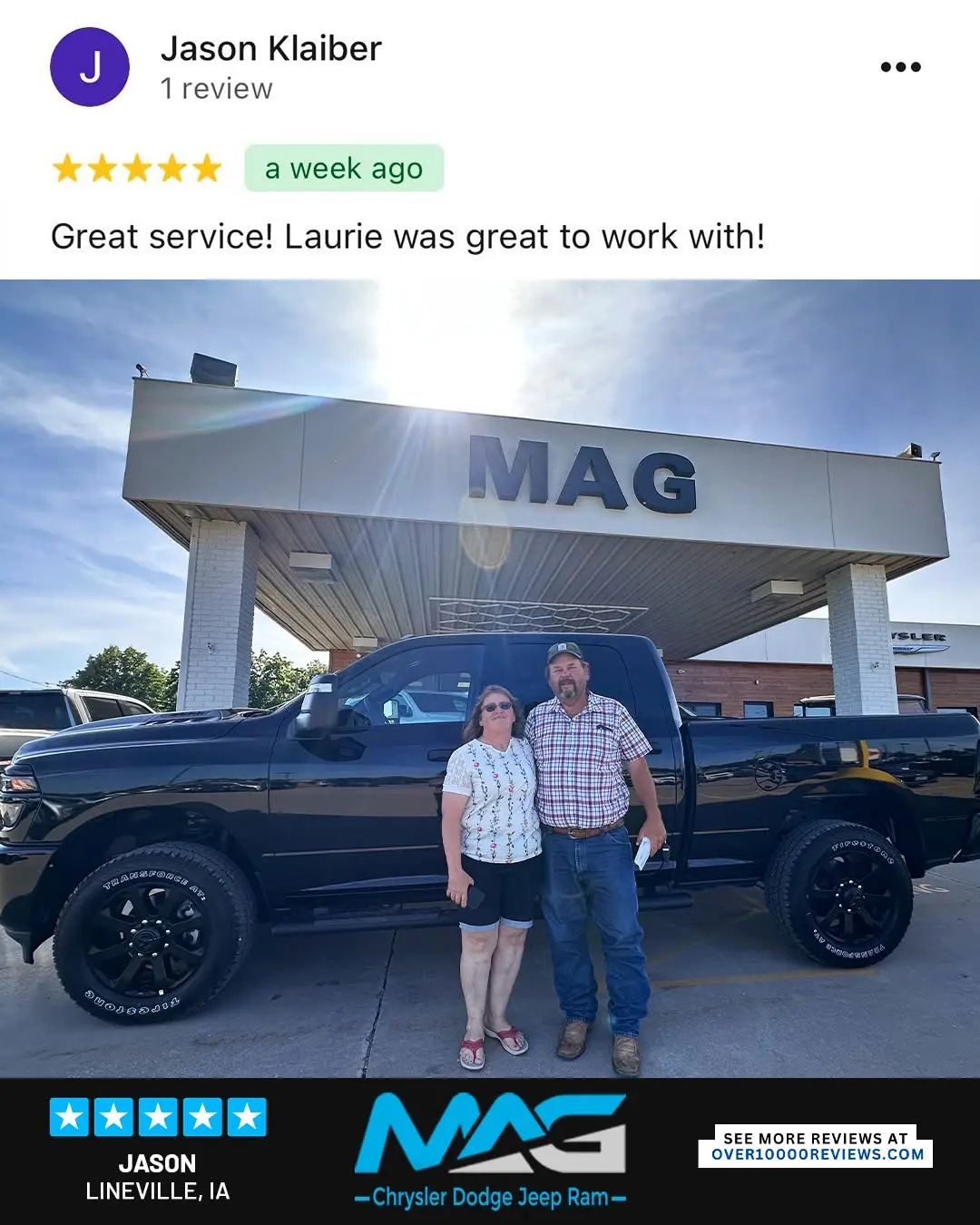 Smiling MAG CDJR customer featured in a testimonial about excellent car buying experience