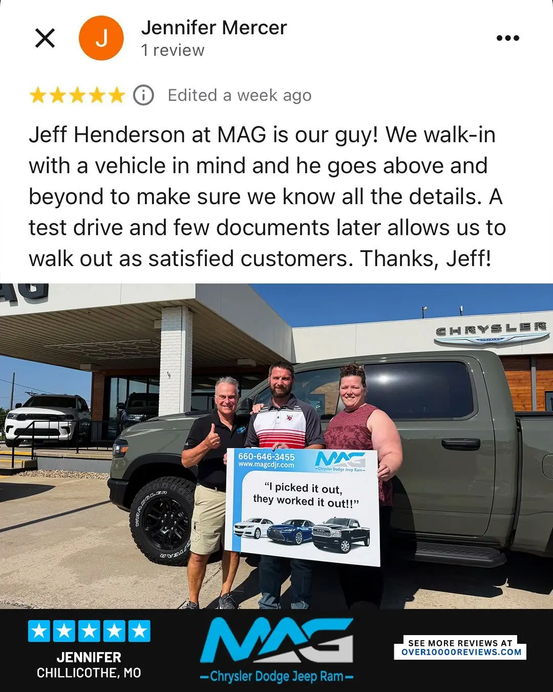 Smiling MAG CDJR customer featured in a testimonial about excellent car buying experience