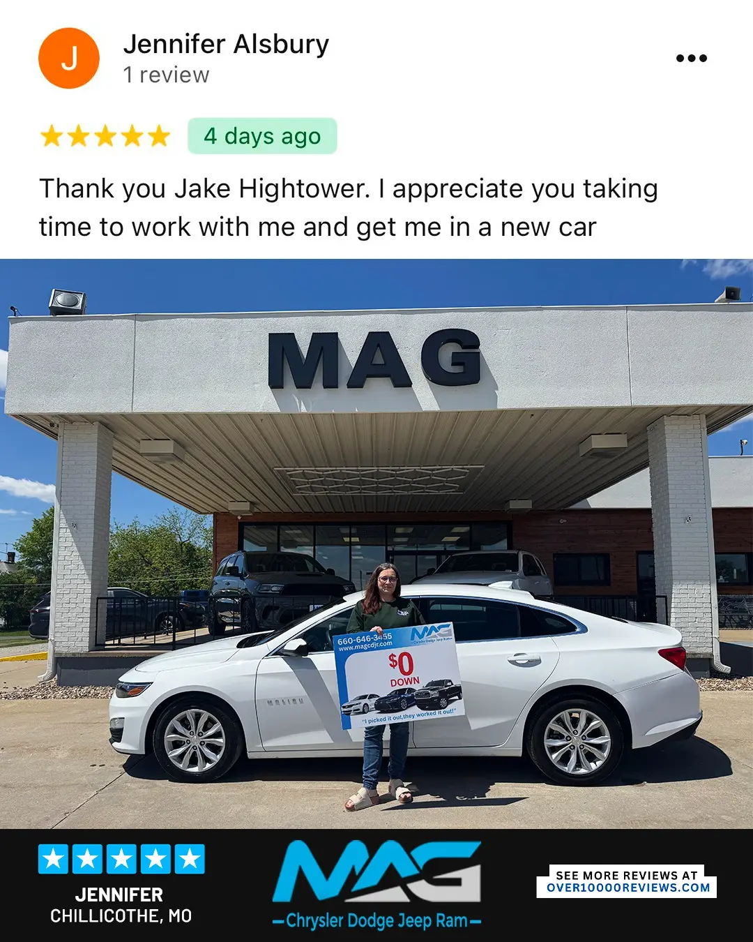 Smiling MAG CDJR customer featured in a testimonial about excellent car buying experience