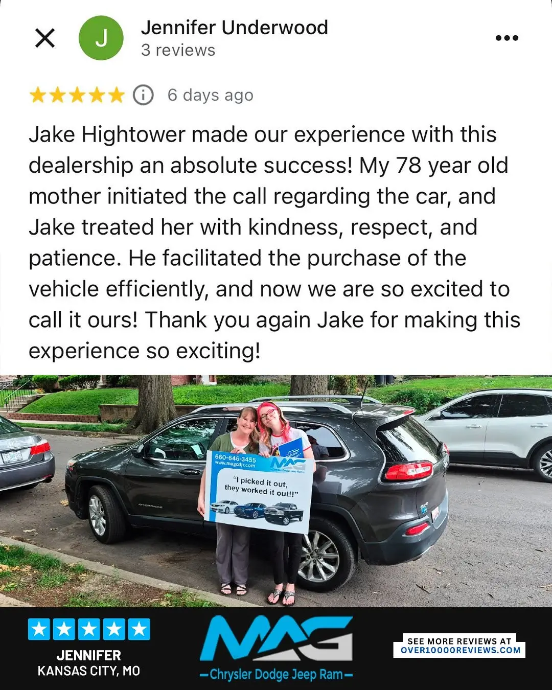 Smiling MAG CDJR customer featured in a testimonial about excellent car buying experience