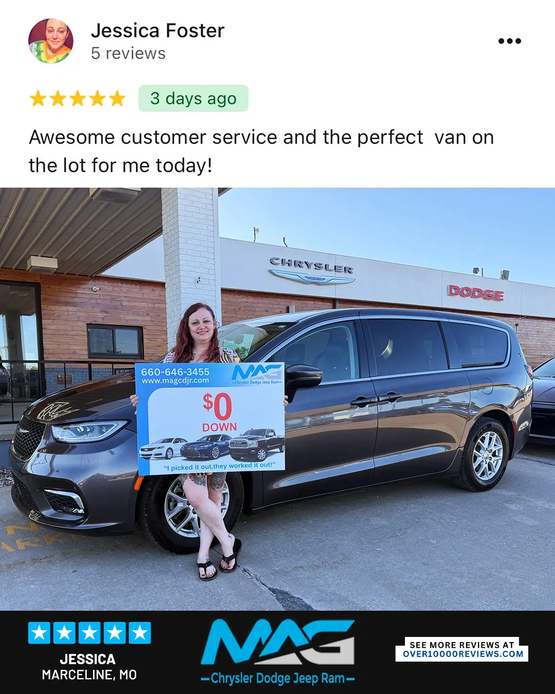 Smiling MAG CDJR customer featured in a testimonial about excellent car buying experience