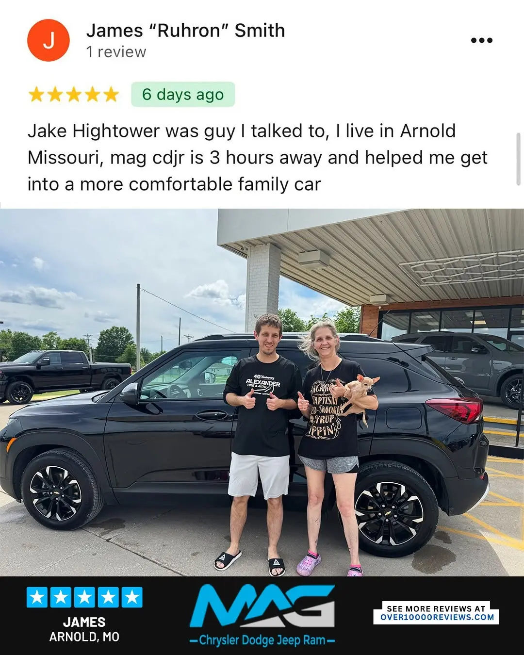 Smiling MAG CDJR customer featured in a testimonial about excellent car buying experience