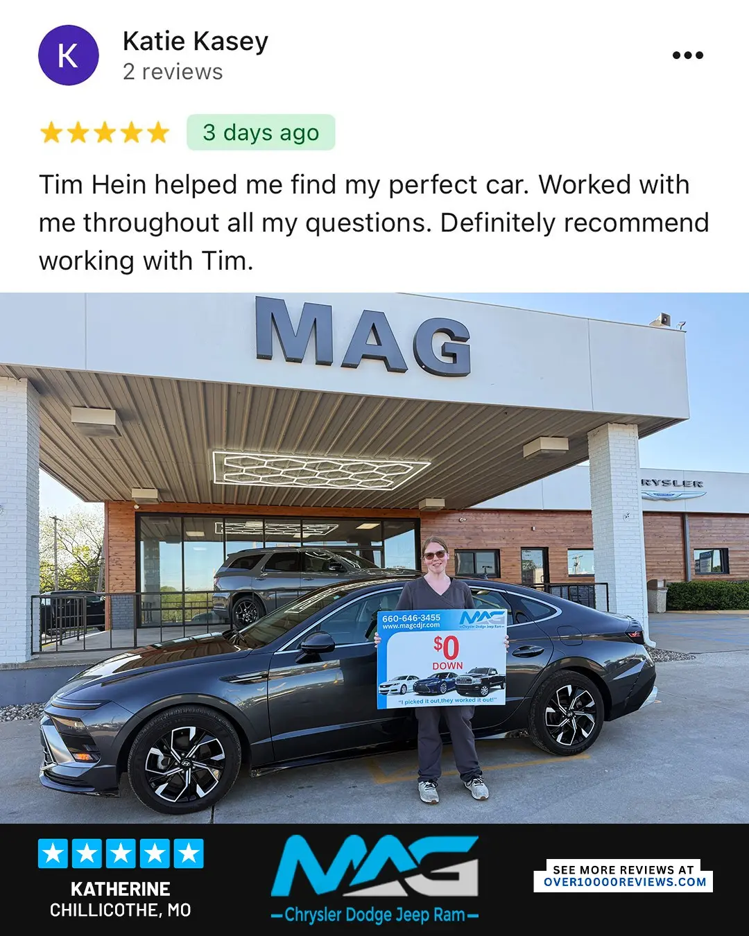 Smiling MAG CDJR customer featured in a testimonial about excellent car buying experience
