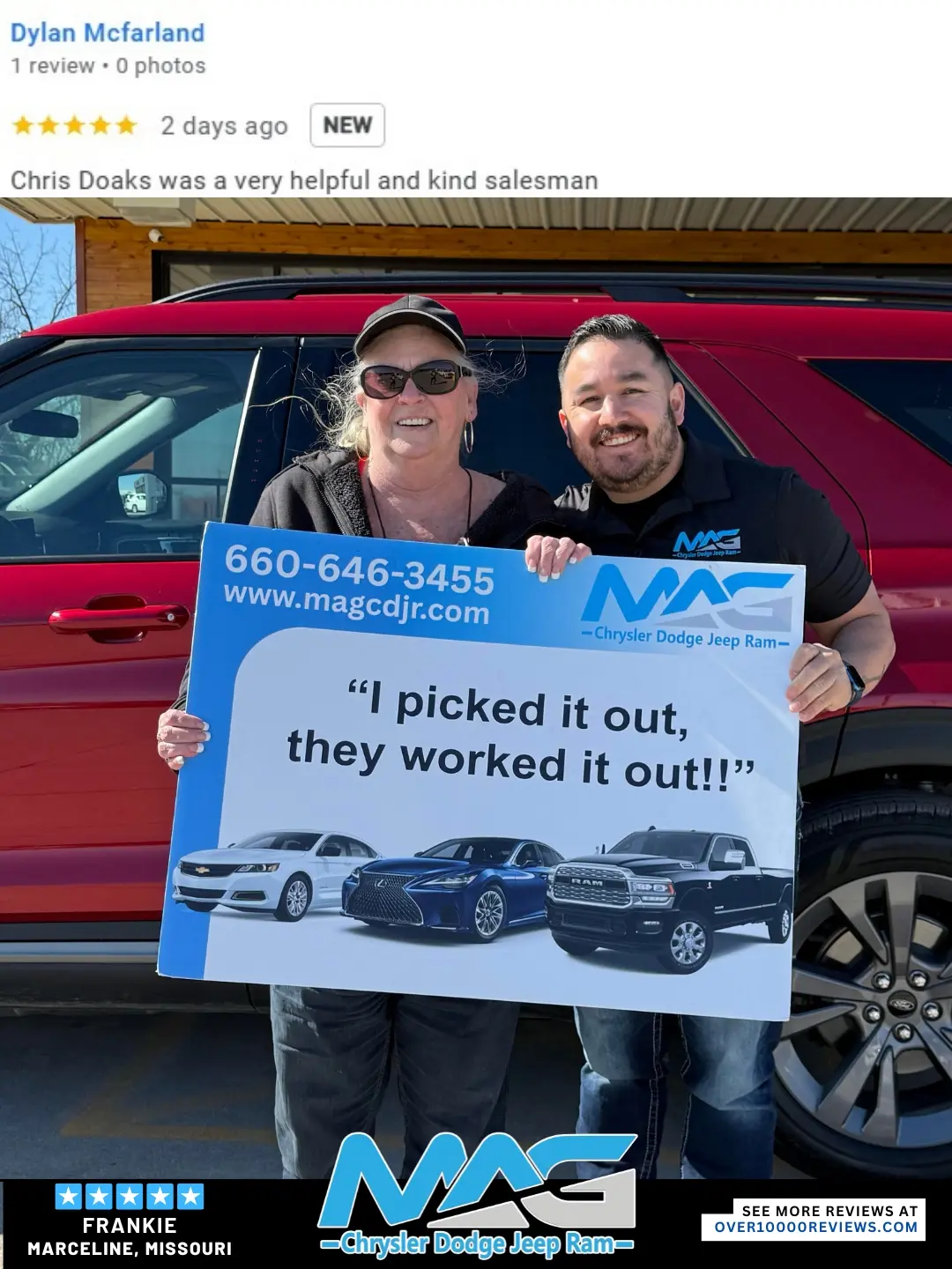 Smiling MAG CDJR customer featured in a testimonial about excellent car buying experience