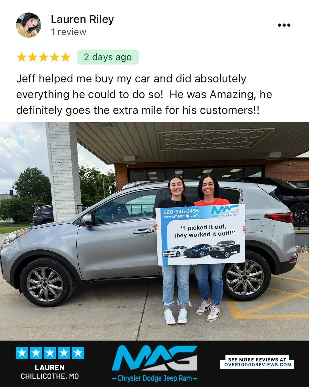 Smiling MAG CDJR customer featured in a testimonial about excellent car buying experience