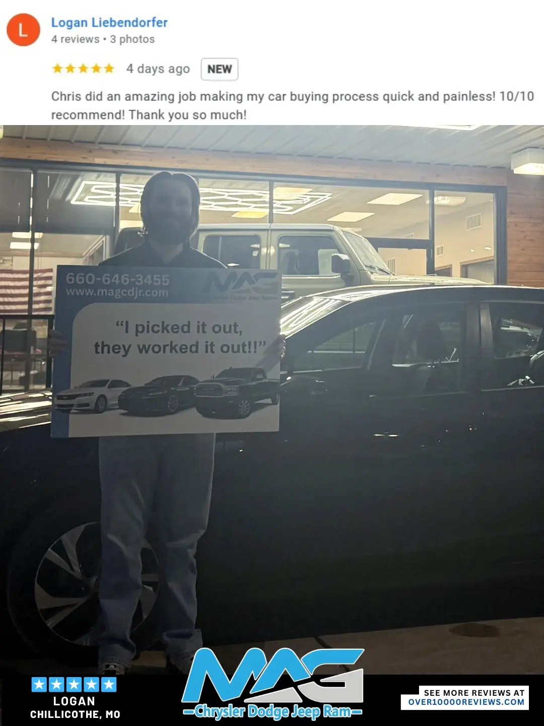 Smiling MAG CDJR customer featured in a testimonial about excellent car buying experience