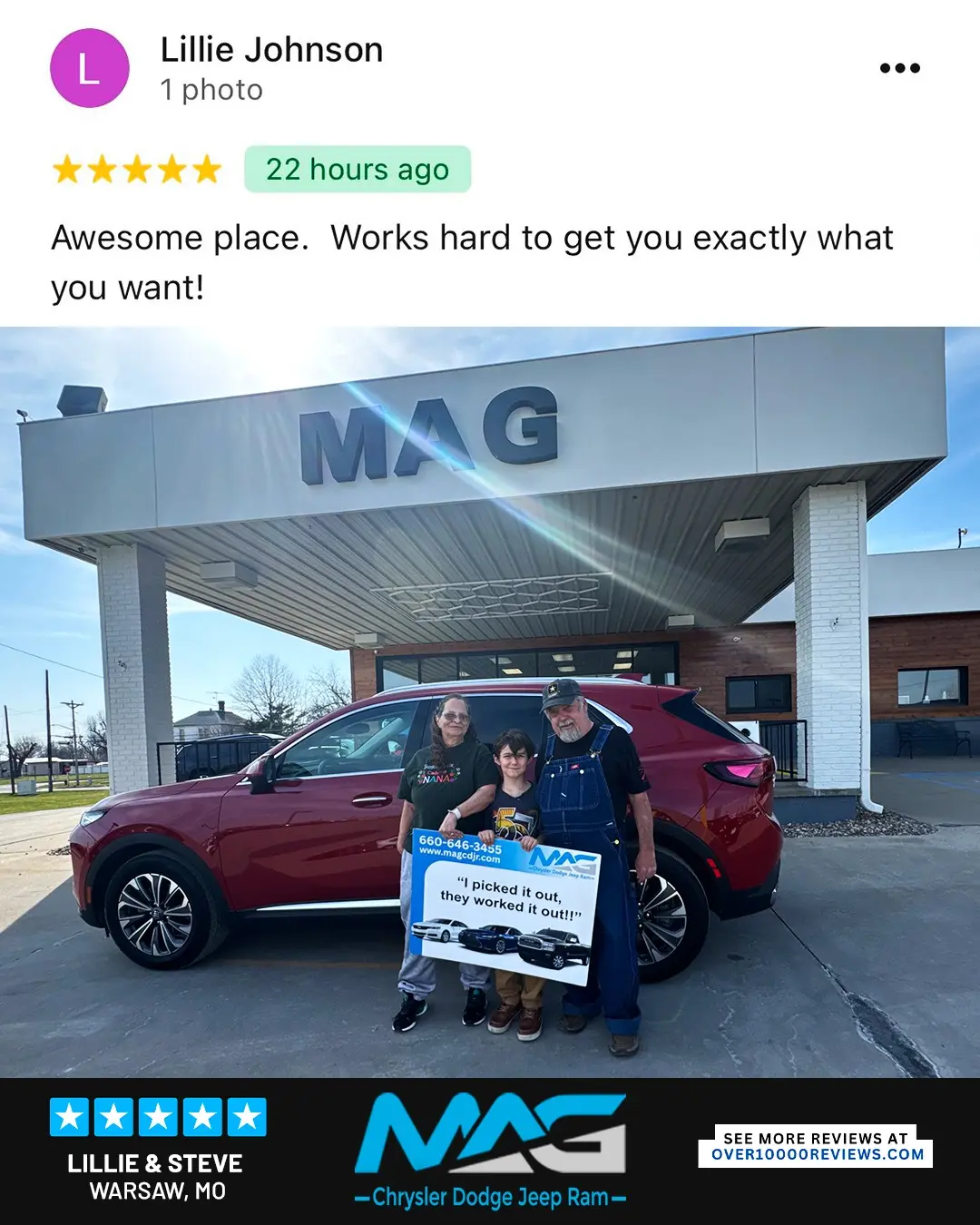 Smiling MAG CDJR customer featured in a testimonial about excellent car buying experience