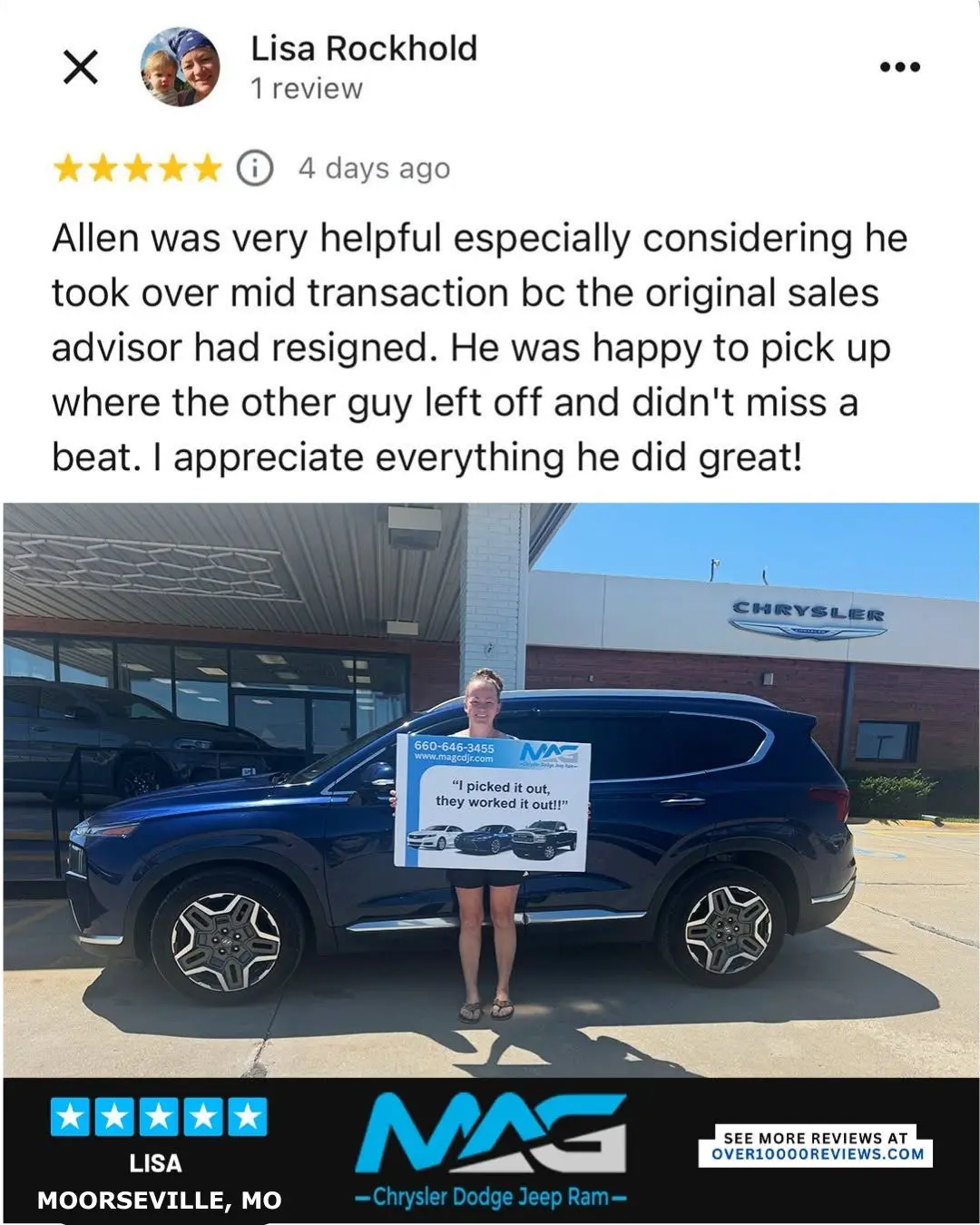 Smiling MAG CDJR customer featured in a testimonial about excellent car buying experience