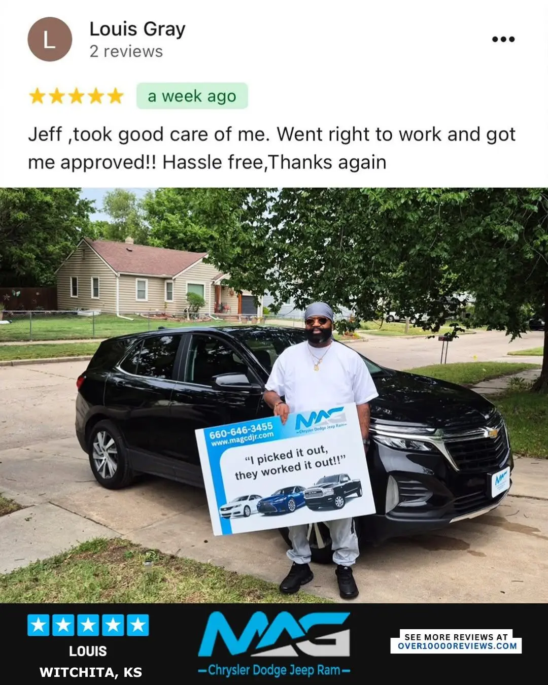 Smiling MAG CDJR customer featured in a testimonial about excellent car buying experience