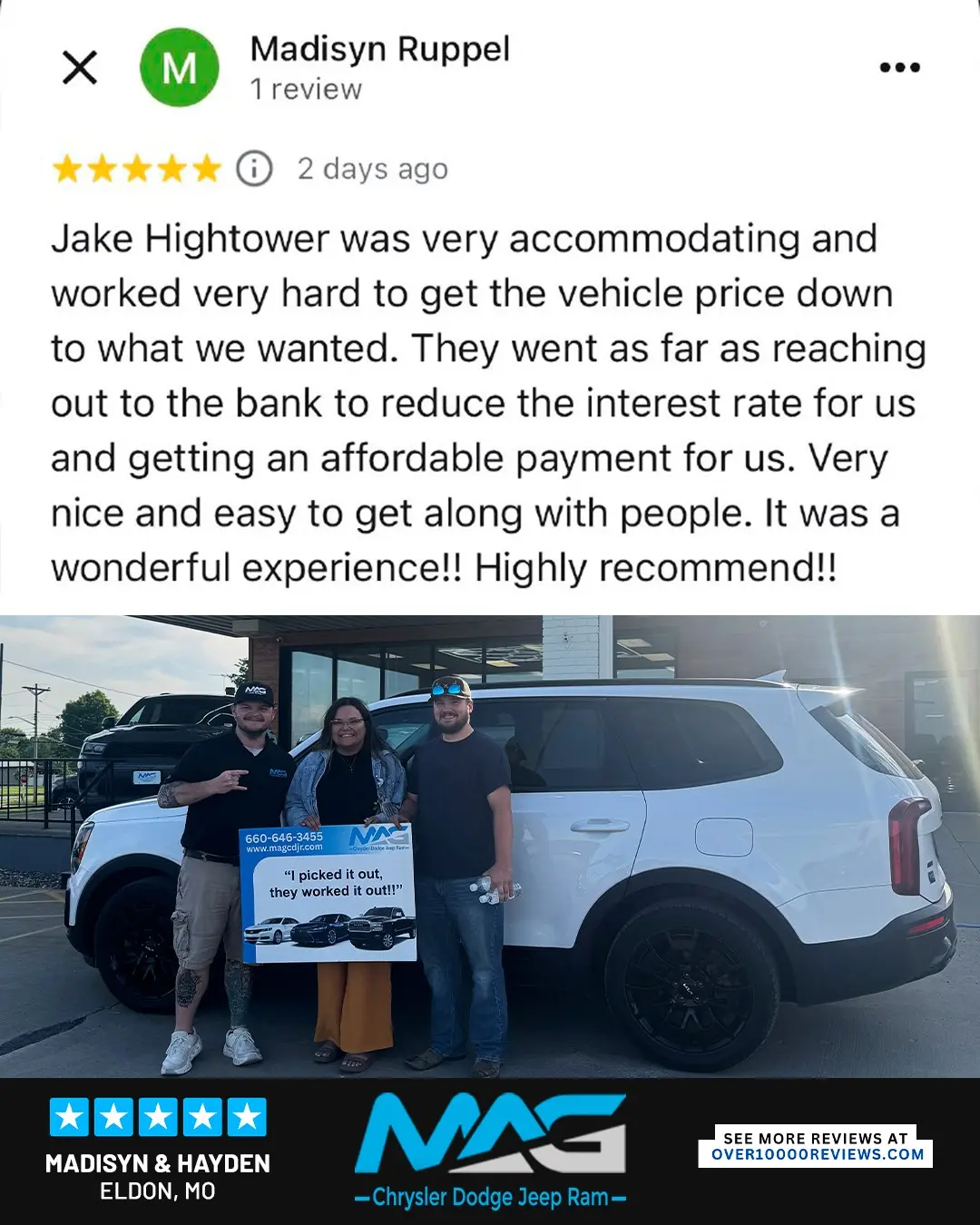 Smiling MAG CDJR customer featured in a testimonial about excellent car buying experience