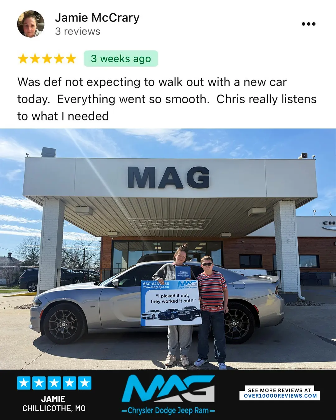 Smiling MAG CDJR customer featured in a testimonial about excellent car buying experience