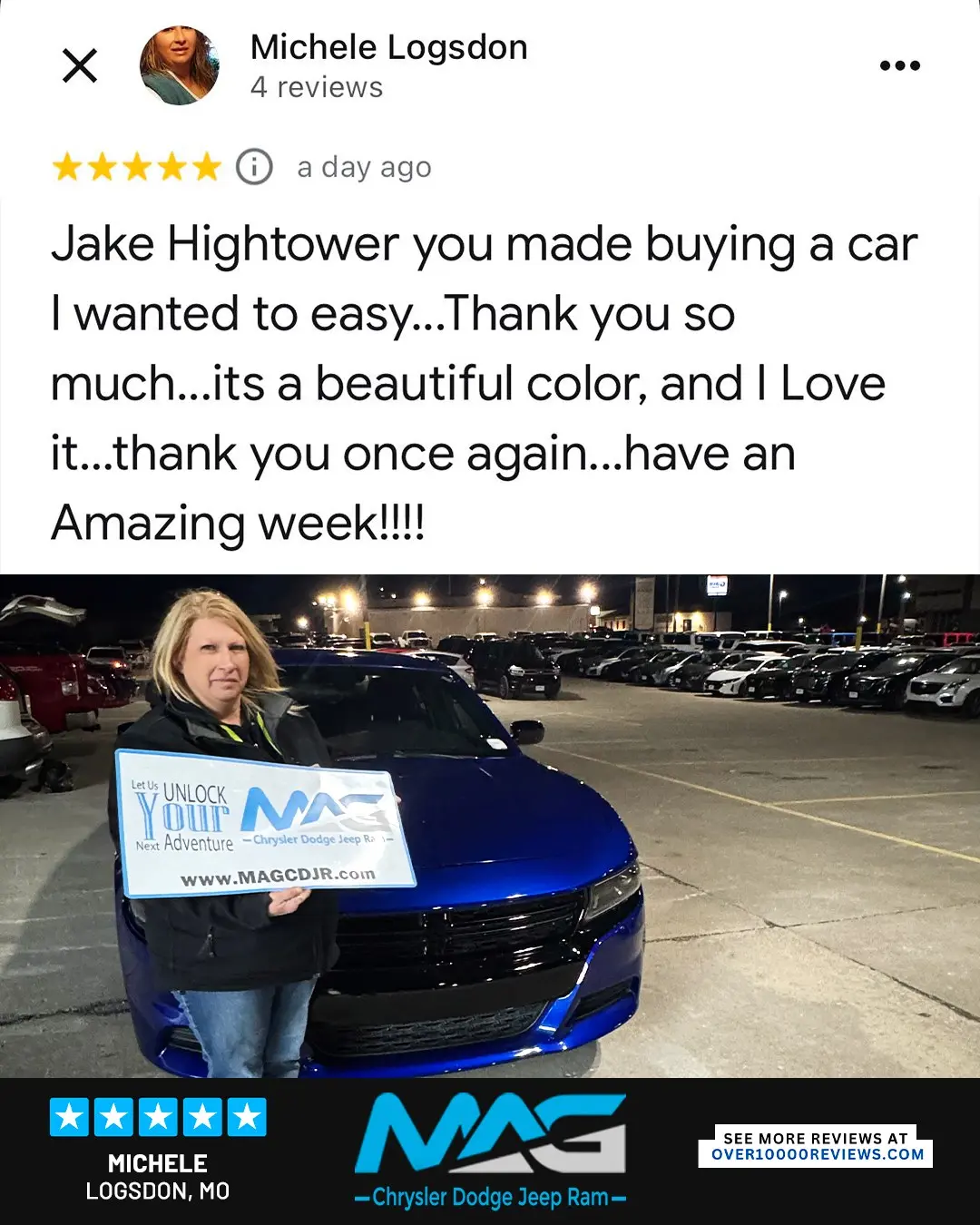 Smiling MAG CDJR customer featured in a testimonial about excellent car buying experience