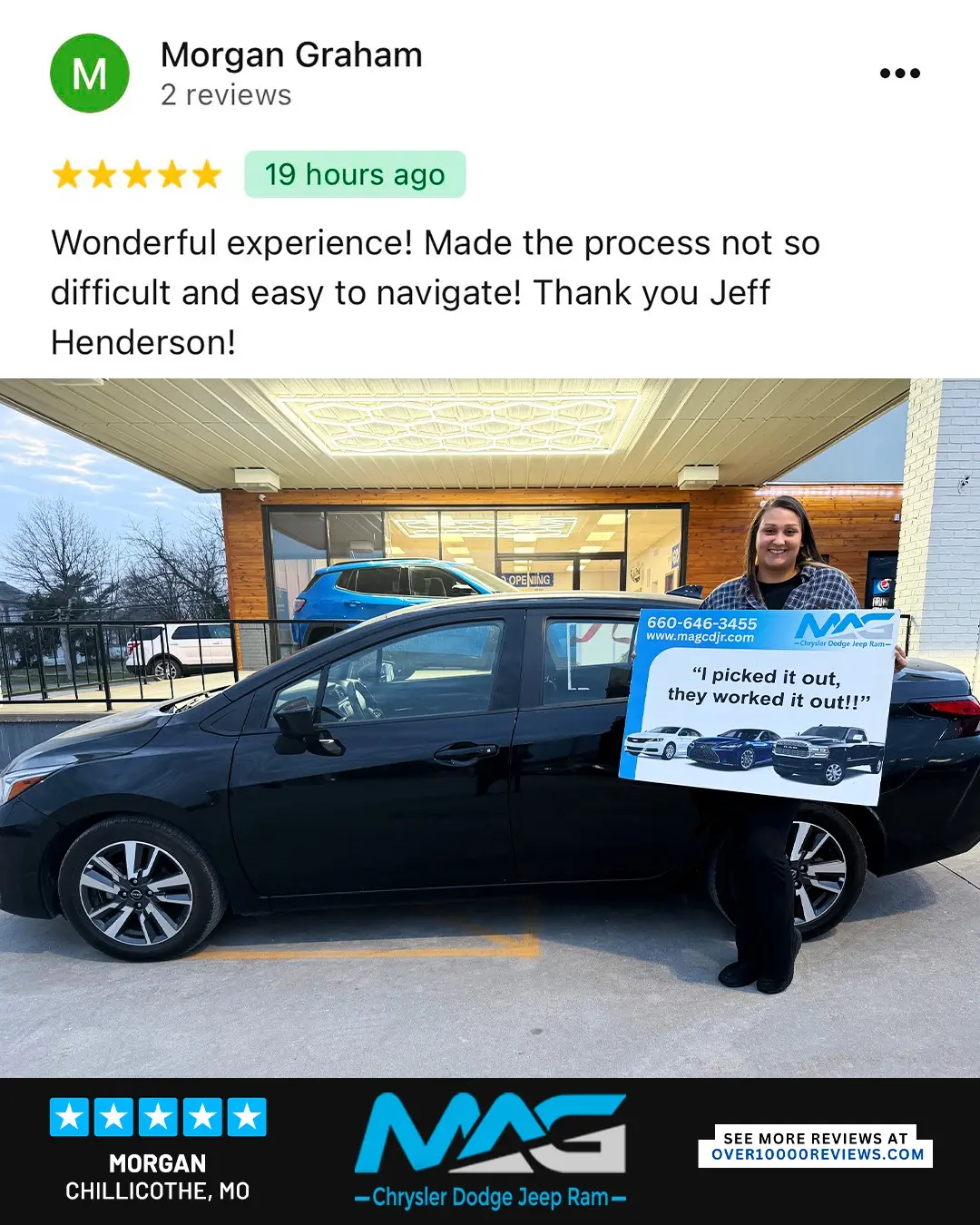 Smiling MAG CDJR customer featured in a testimonial about excellent car buying experience