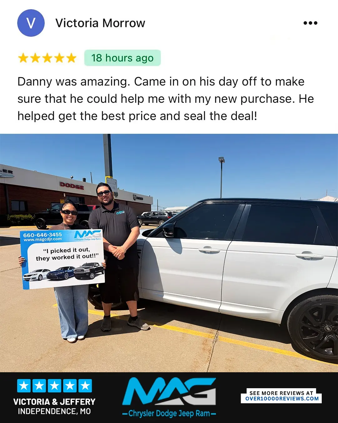 Smiling MAG CDJR customer featured in a testimonial about excellent car buying experience
