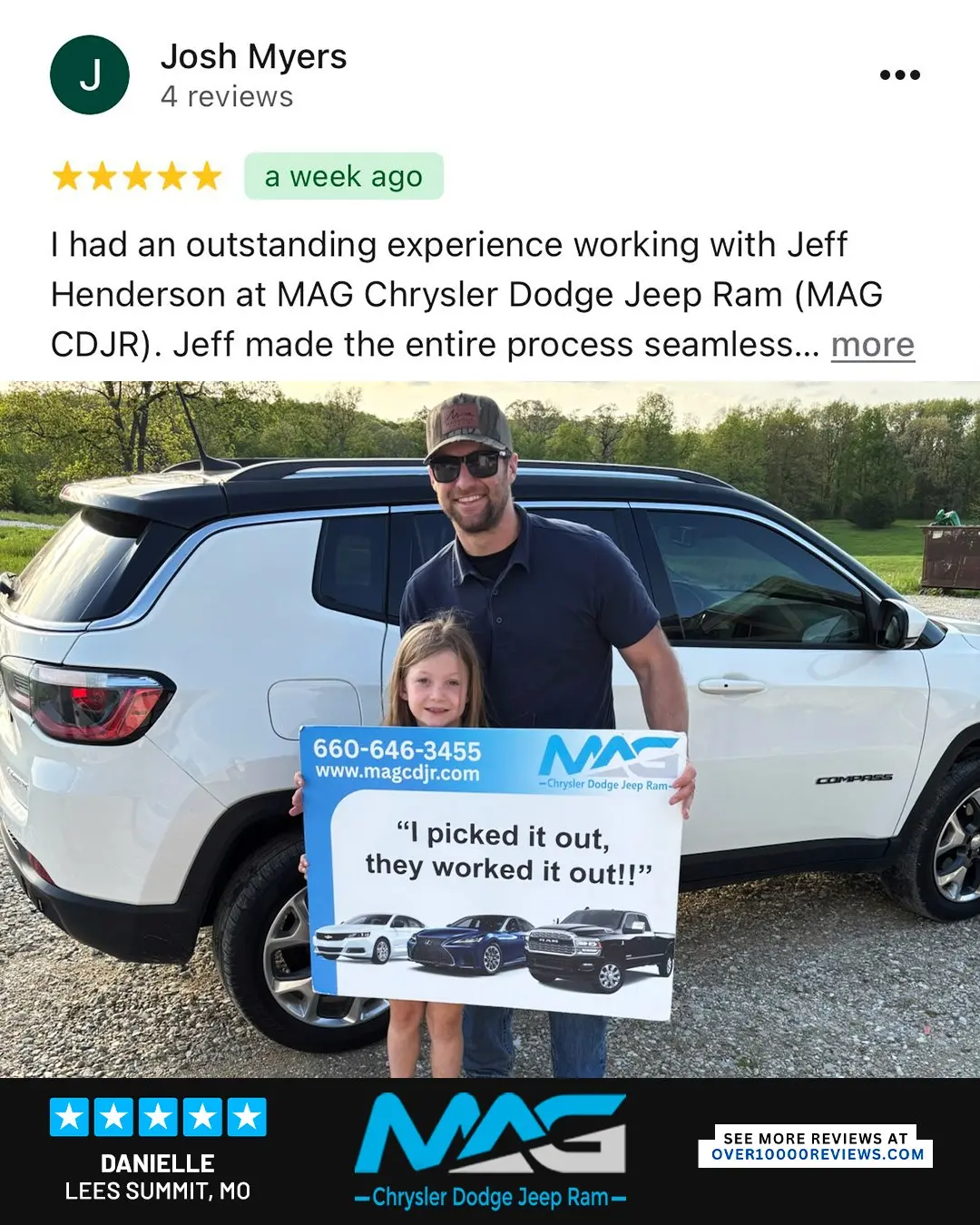 Smiling MAG CDJR customer featured in a testimonial about excellent car buying experience