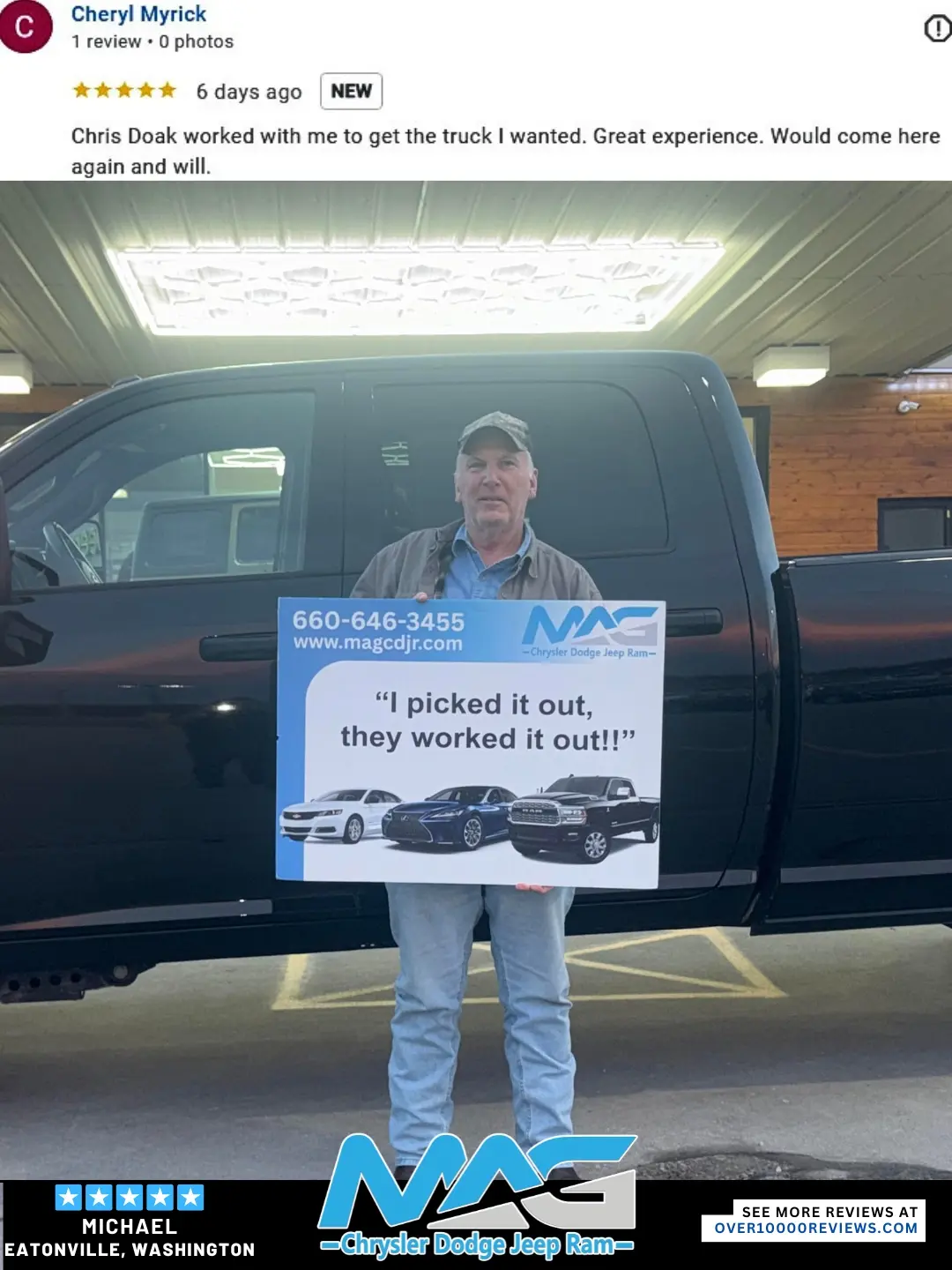 Smiling MAG CDJR customer featured in a testimonial about excellent car buying experience