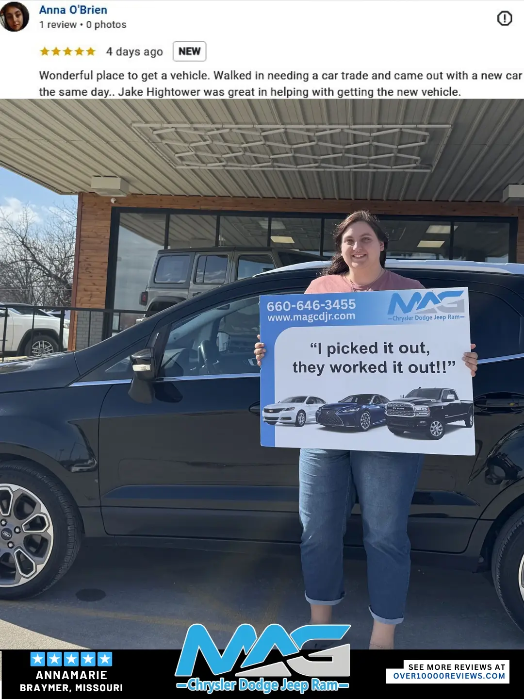 Smiling MAG CDJR customer featured in a testimonial about excellent car buying experience