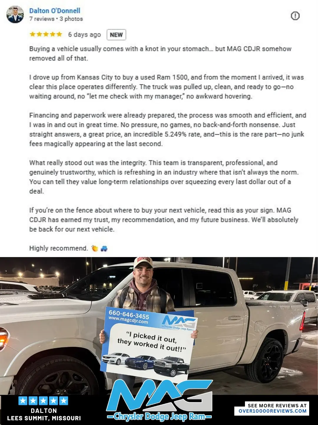 Smiling MAG CDJR customer featured in a testimonial about excellent car buying experience