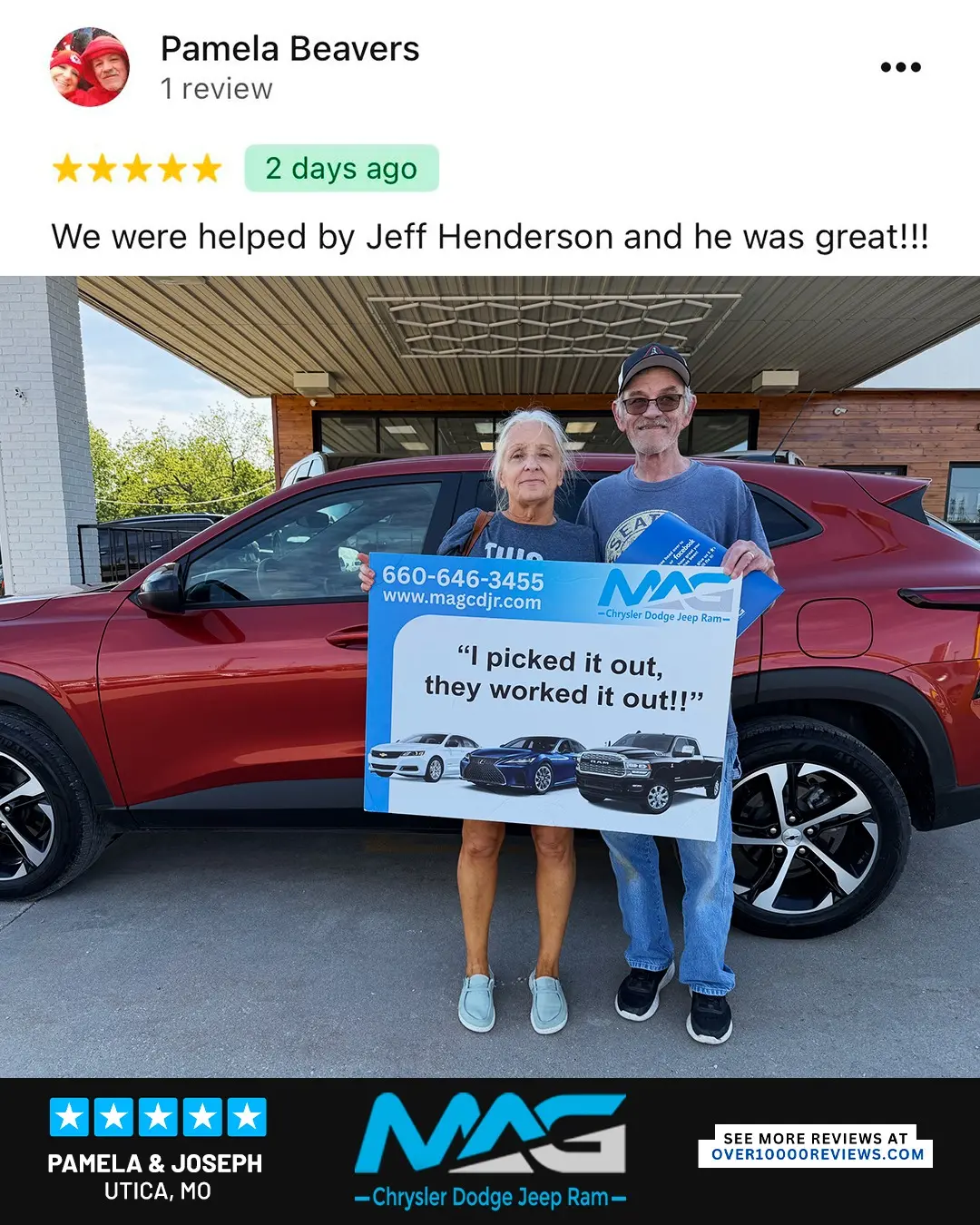 Smiling MAG CDJR customer featured in a testimonial about excellent car buying experience