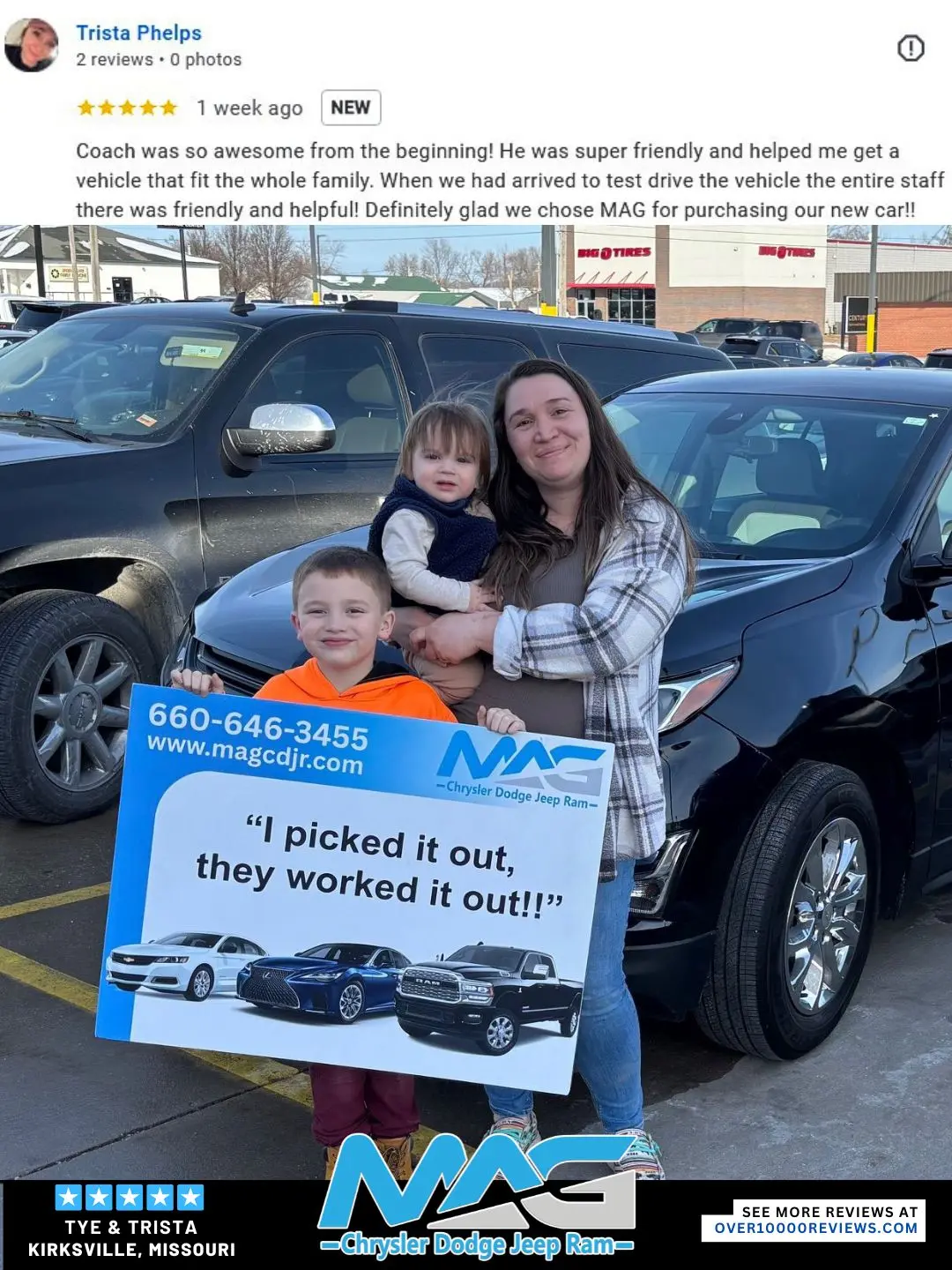 Smiling MAG CDJR customer featured in a testimonial about excellent car buying experience