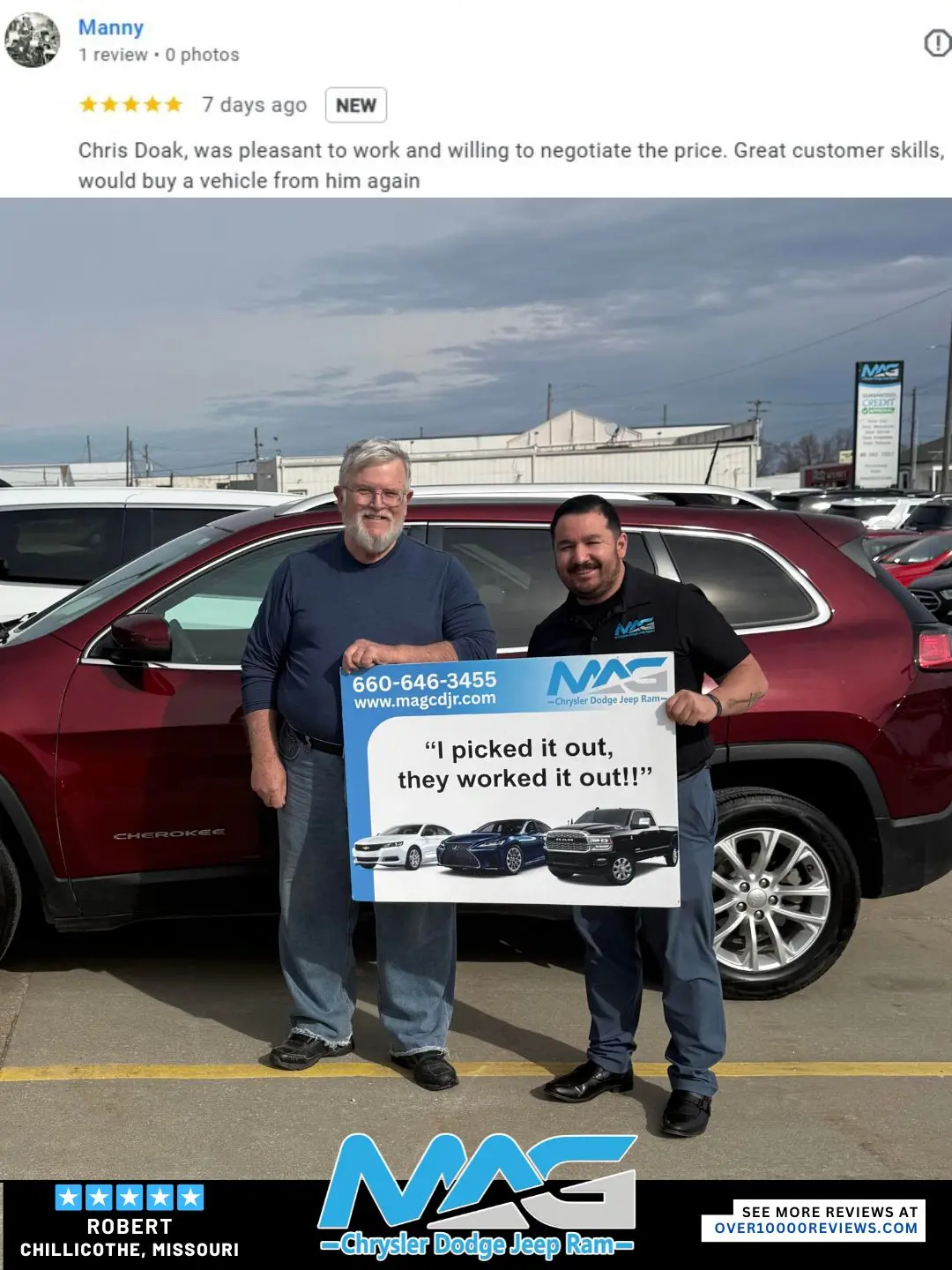 Smiling MAG CDJR customer featured in a testimonial about excellent car buying experience