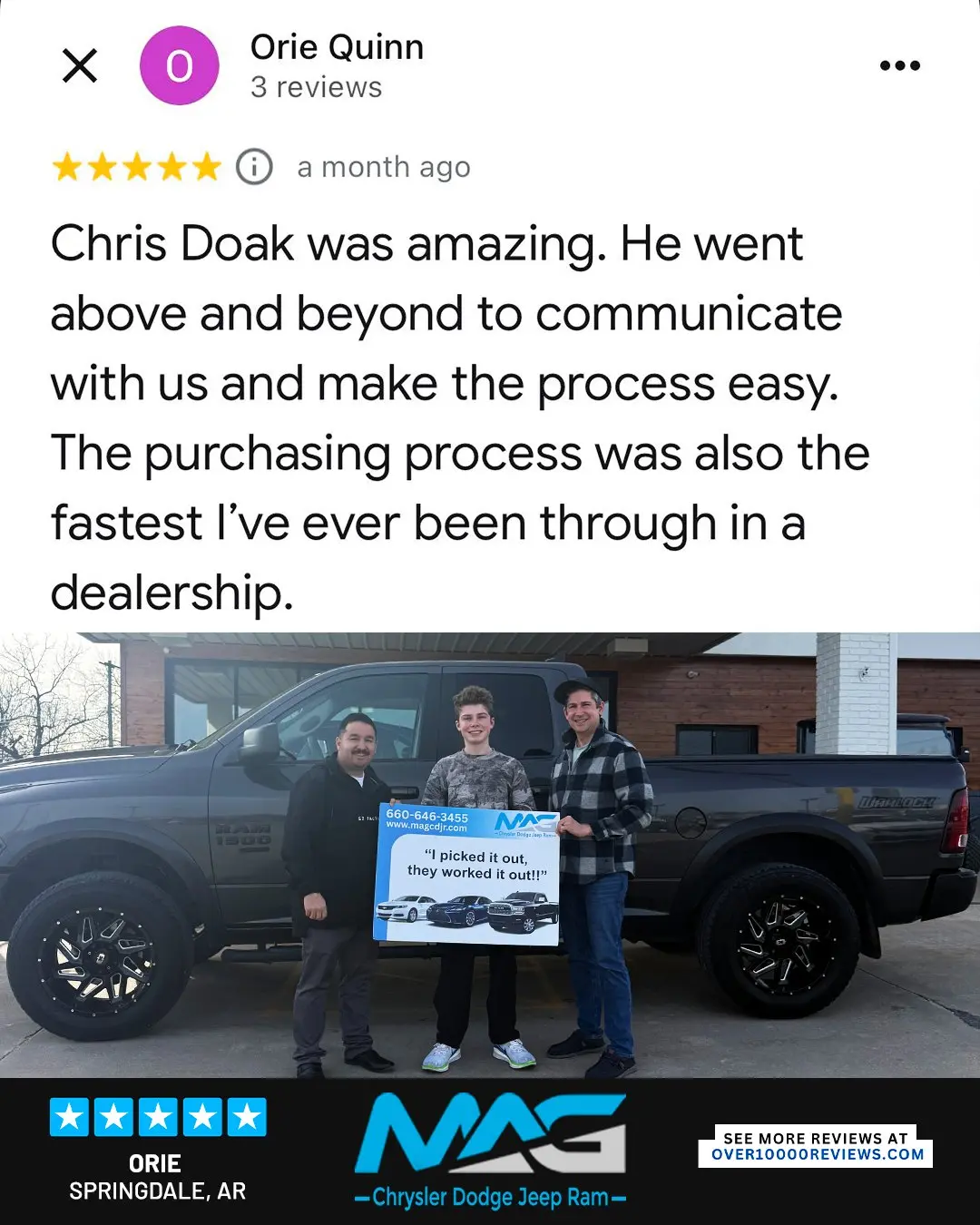 Smiling MAG CDJR customer featured in a testimonial about excellent car buying experience