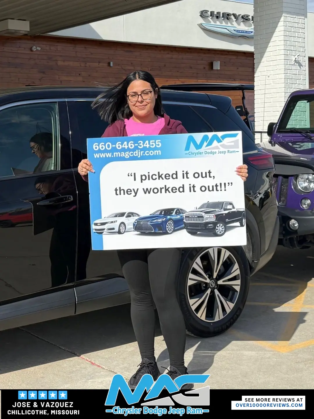 Smiling MAG CDJR customer featured in a testimonial about excellent car buying experience