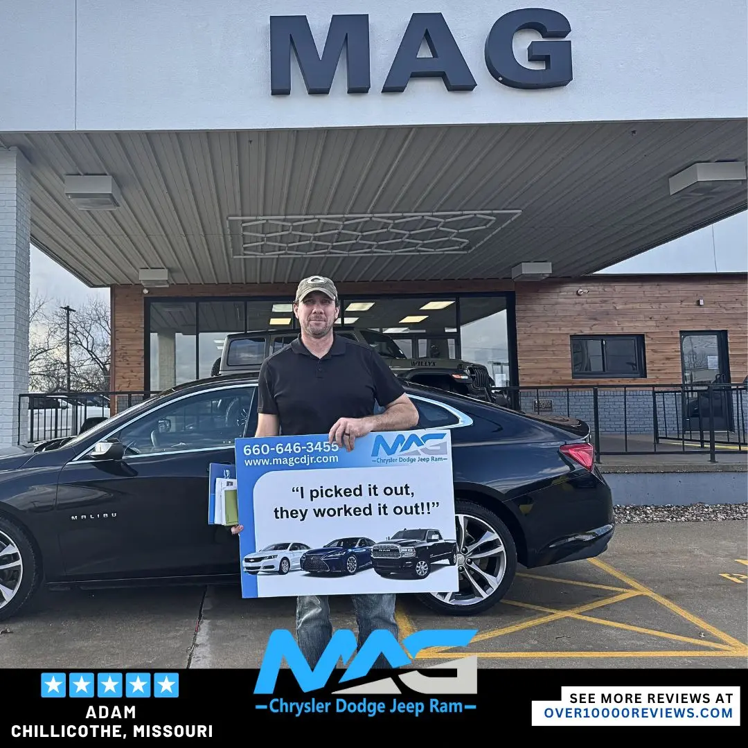 Smiling MAG CDJR customer featured in a testimonial about excellent car buying experience