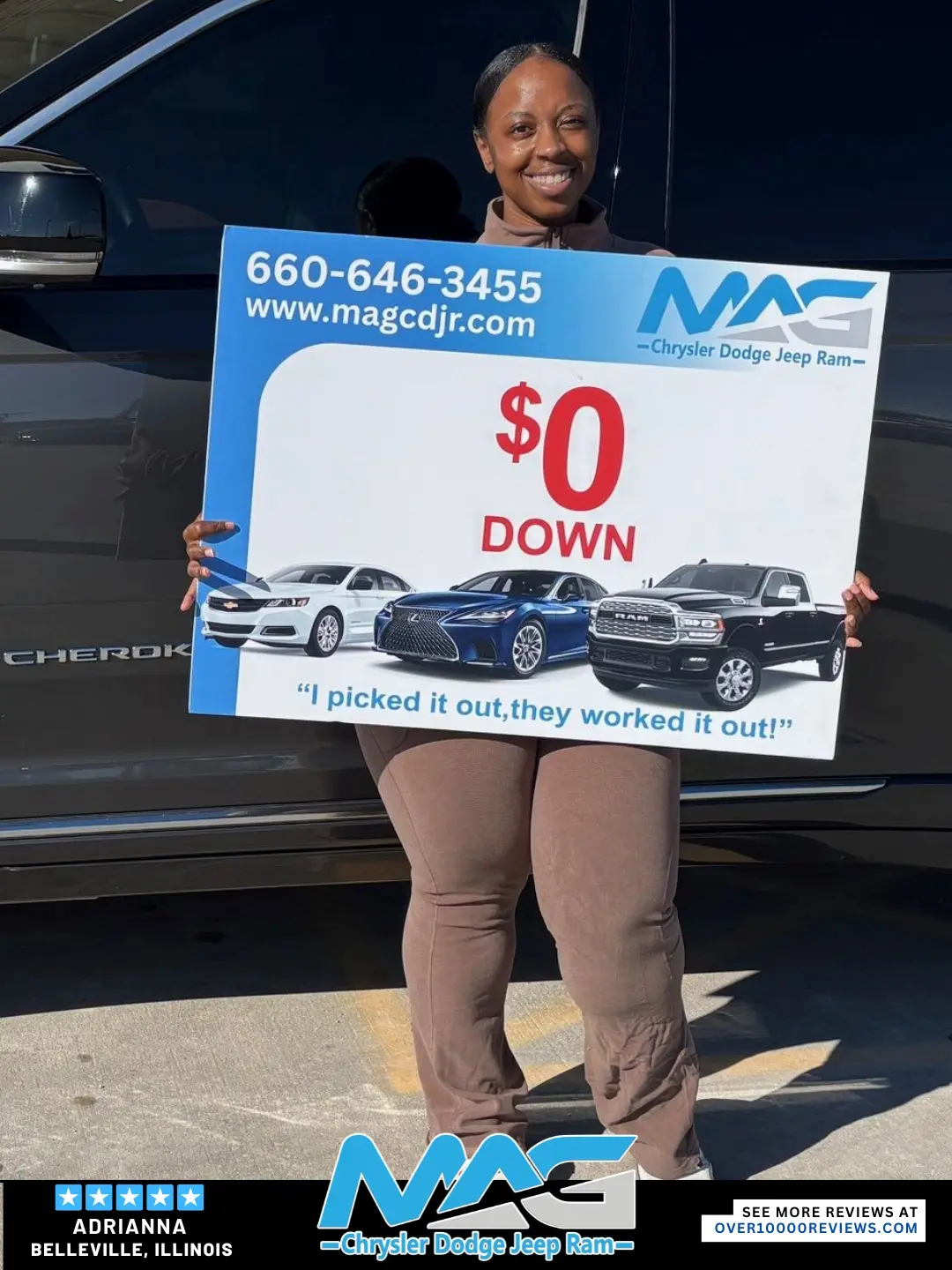 Smiling MAG CDJR customer featured in a testimonial about excellent car buying experience