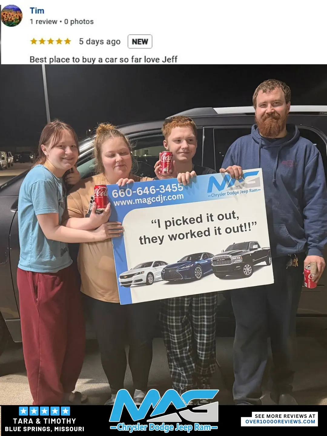 Smiling MAG CDJR customer featured in a testimonial about excellent car buying experience