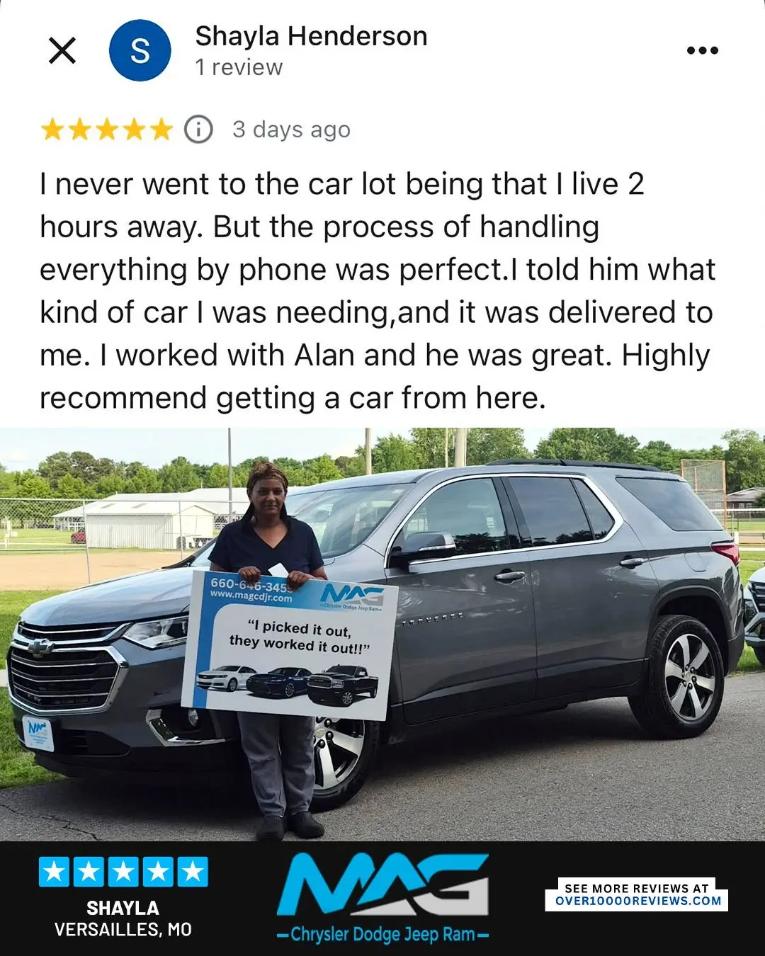 Smiling MAG CDJR customer featured in a testimonial about excellent car buying experience