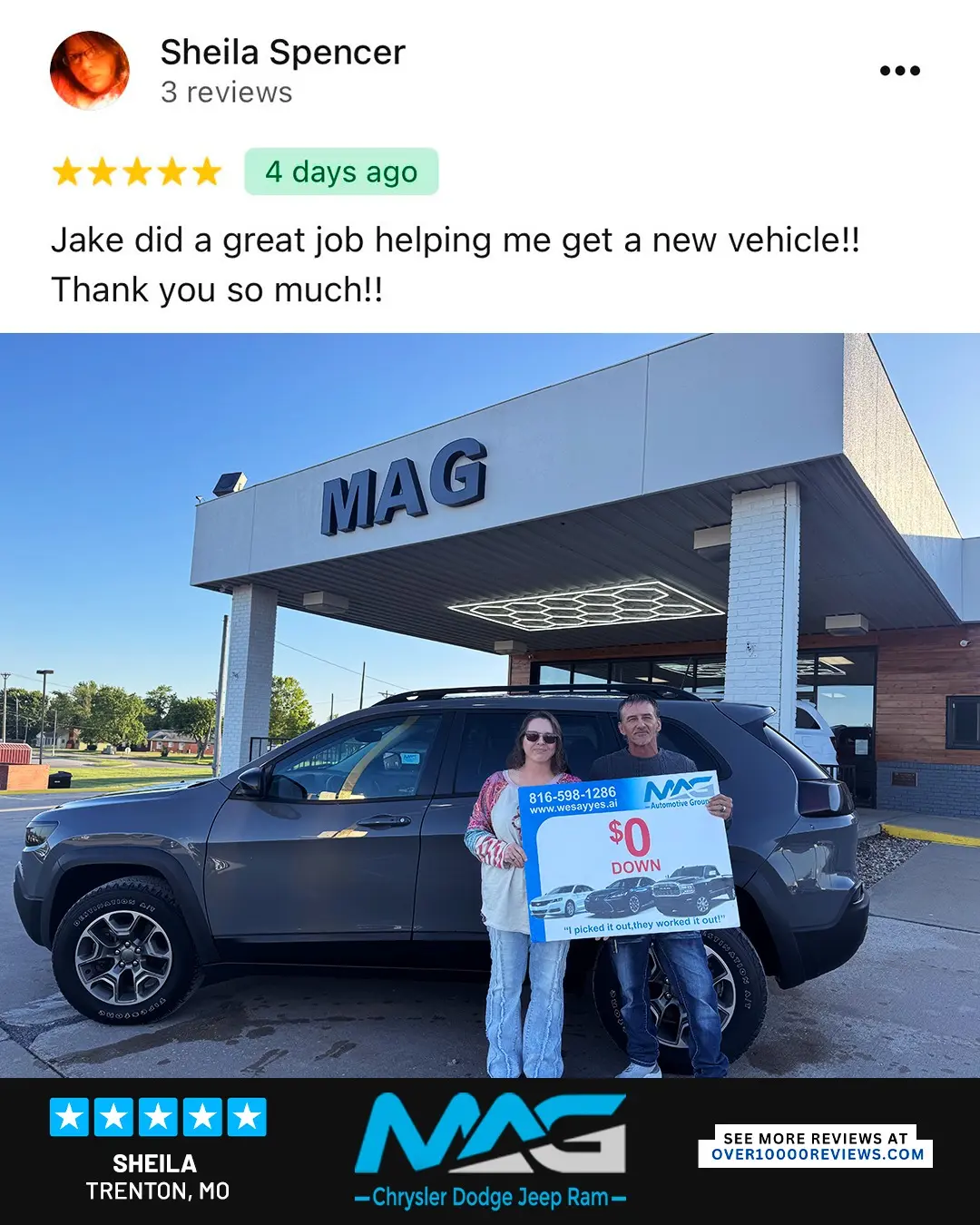 Smiling MAG CDJR customer featured in a testimonial about excellent car buying experience