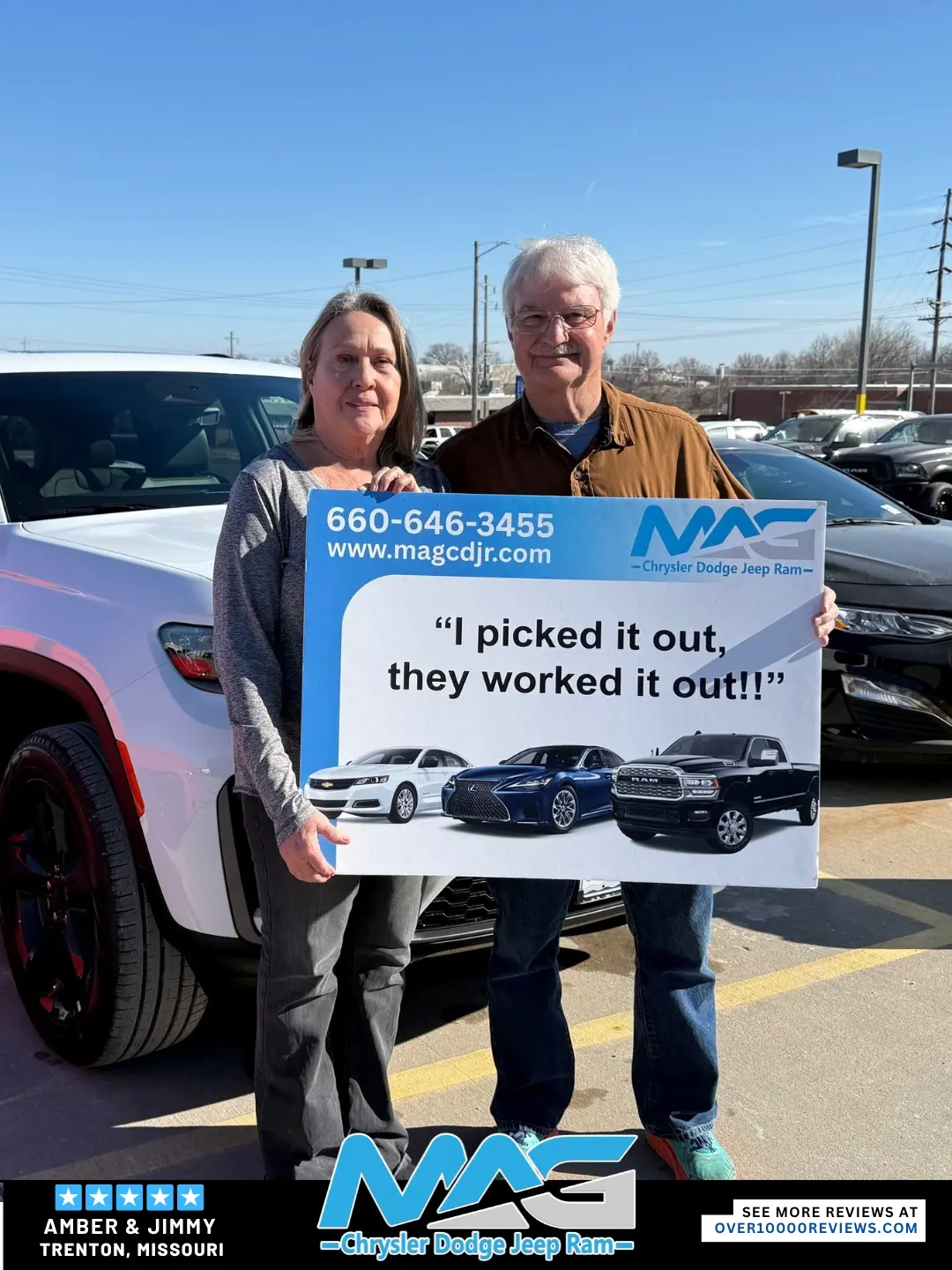 Smiling MAG CDJR customer featured in a testimonial about excellent car buying experience