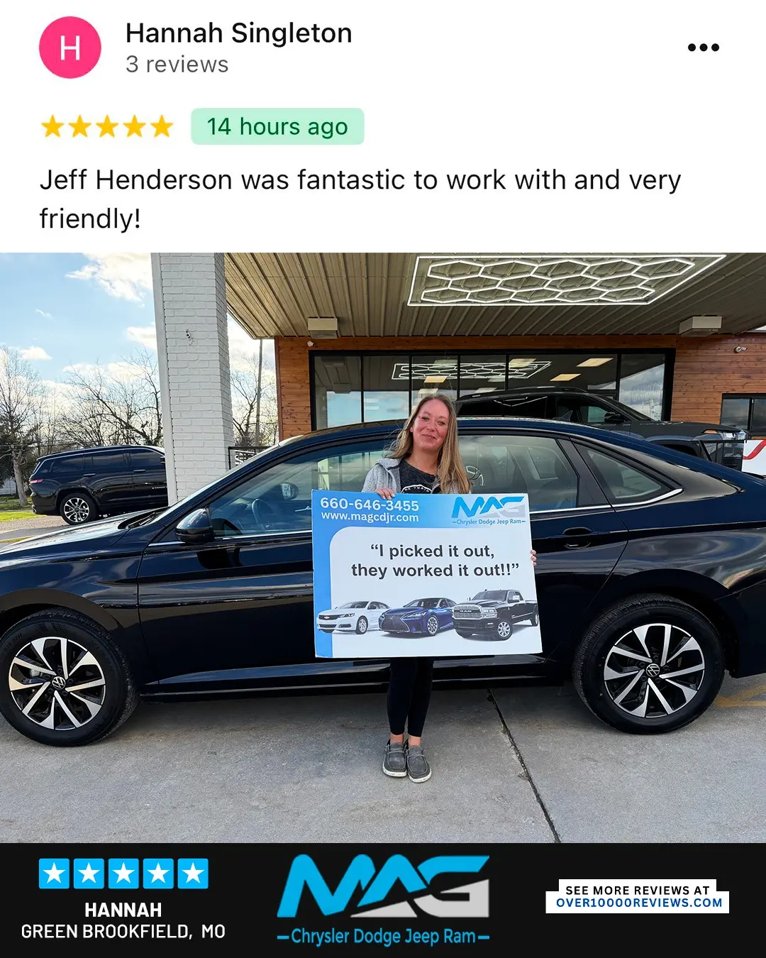 Smiling MAG CDJR customer featured in a testimonial about excellent car buying experience