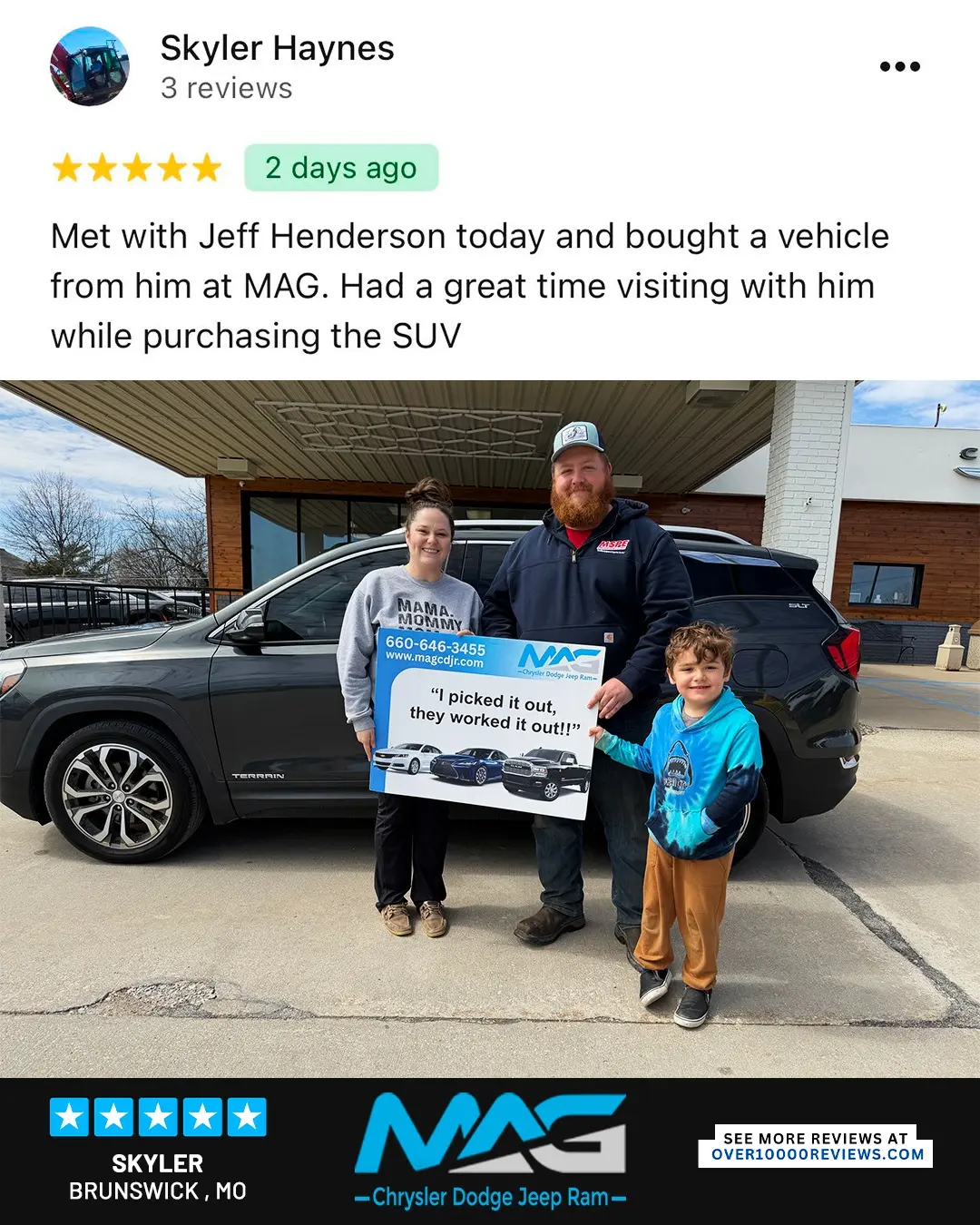 Smiling MAG CDJR customer featured in a testimonial about excellent car buying experience