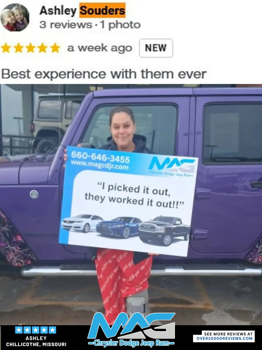 Smiling MAG CDJR customer featured in a testimonial about excellent car buying experience