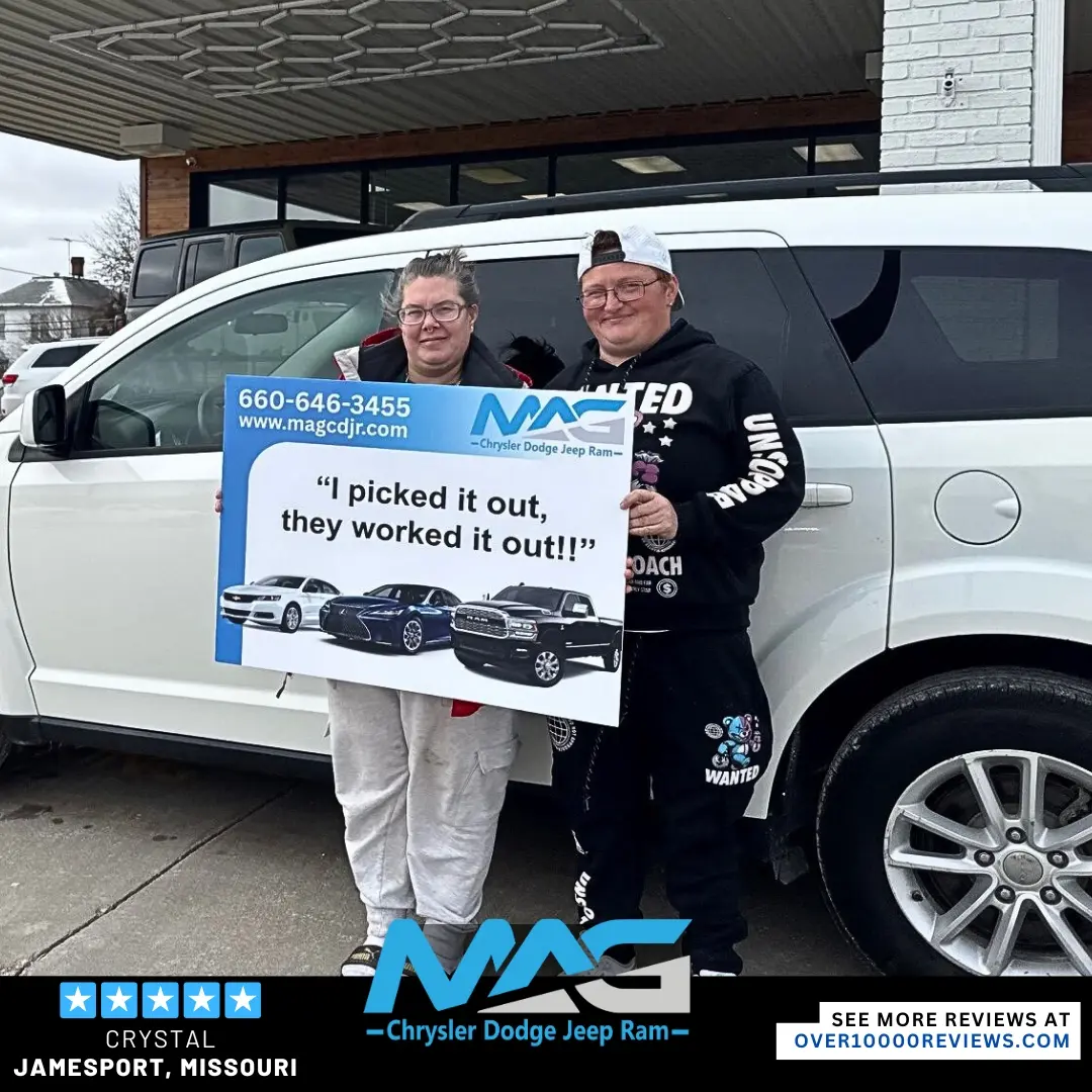 Smiling MAG CDJR customer featured in a testimonial about excellent car buying experience