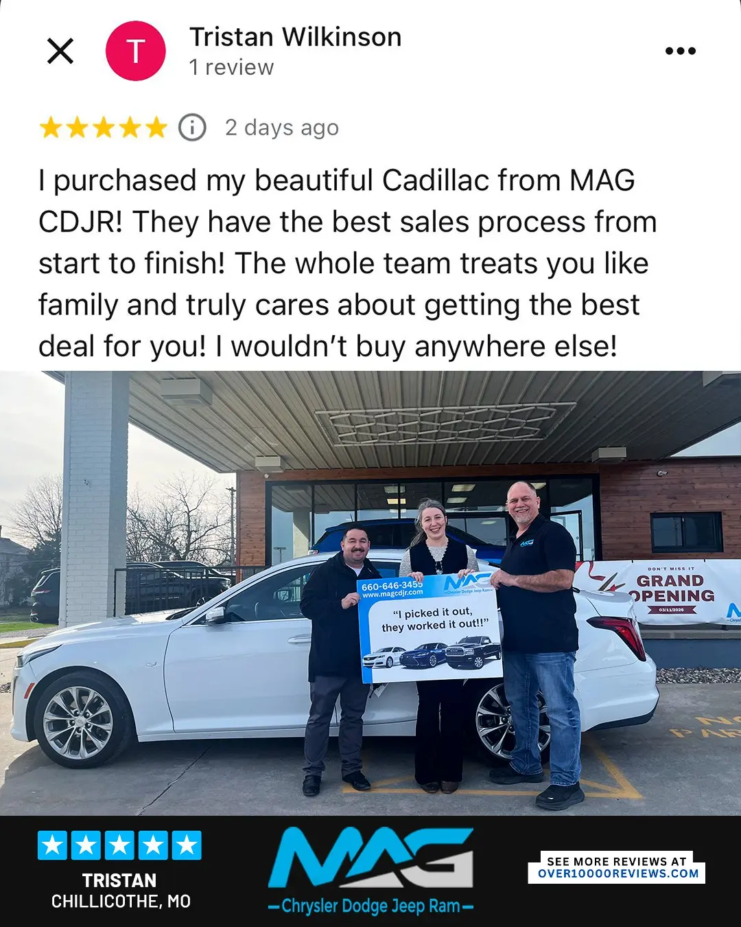 Smiling MAG CDJR customer featured in a testimonial about excellent car buying experience