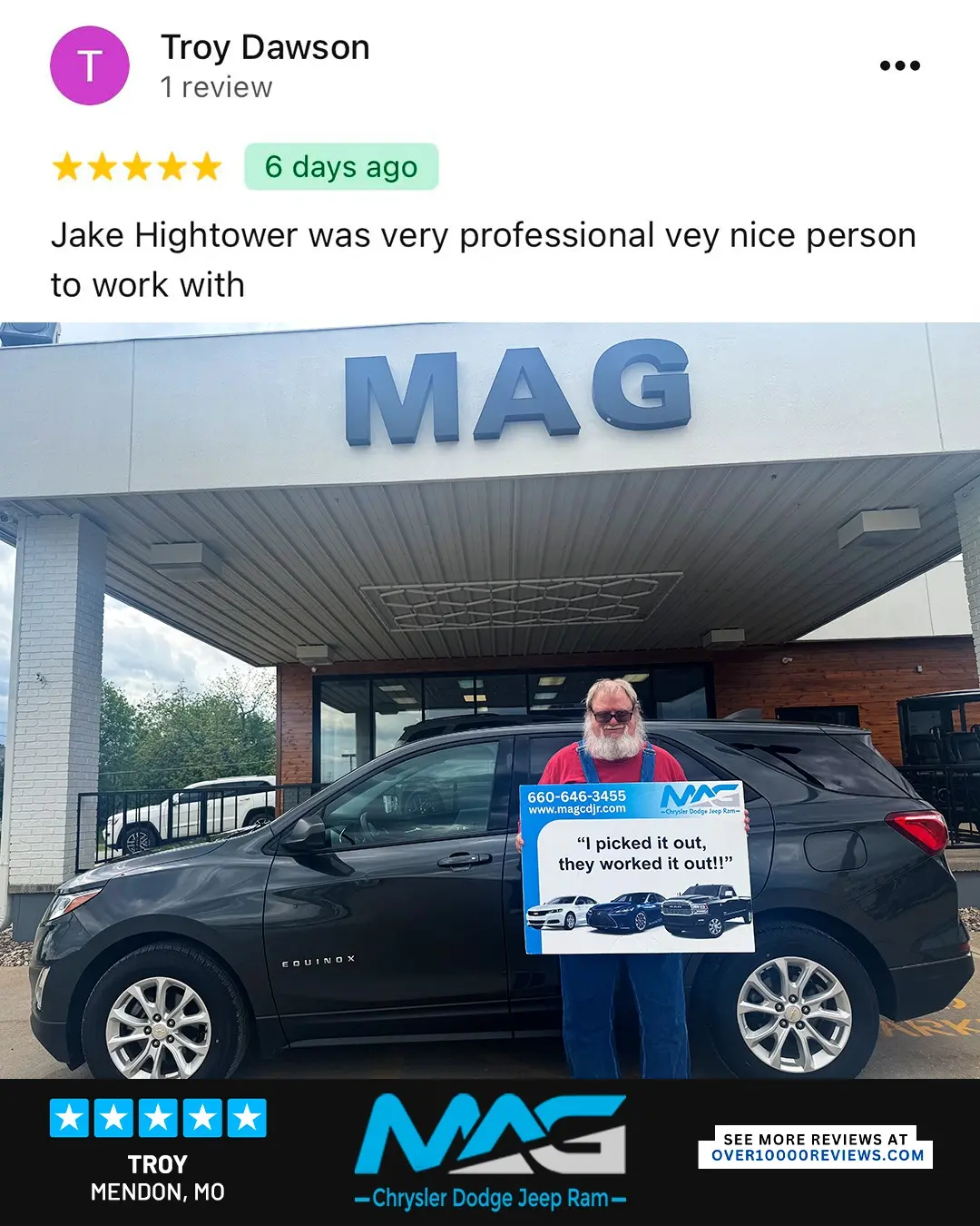 Smiling MAG CDJR customer featured in a testimonial about excellent car buying experience