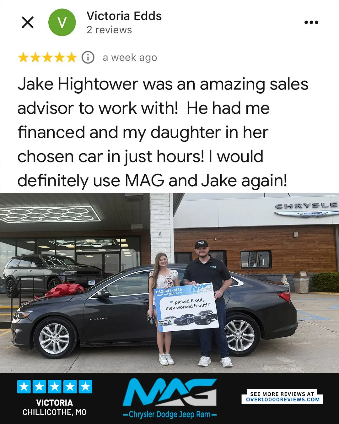 Smiling MAG CDJR customer featured in a testimonial about excellent car buying experience