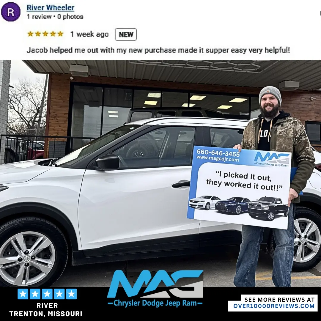 Smiling MAG CDJR customer featured in a testimonial about excellent car buying experience