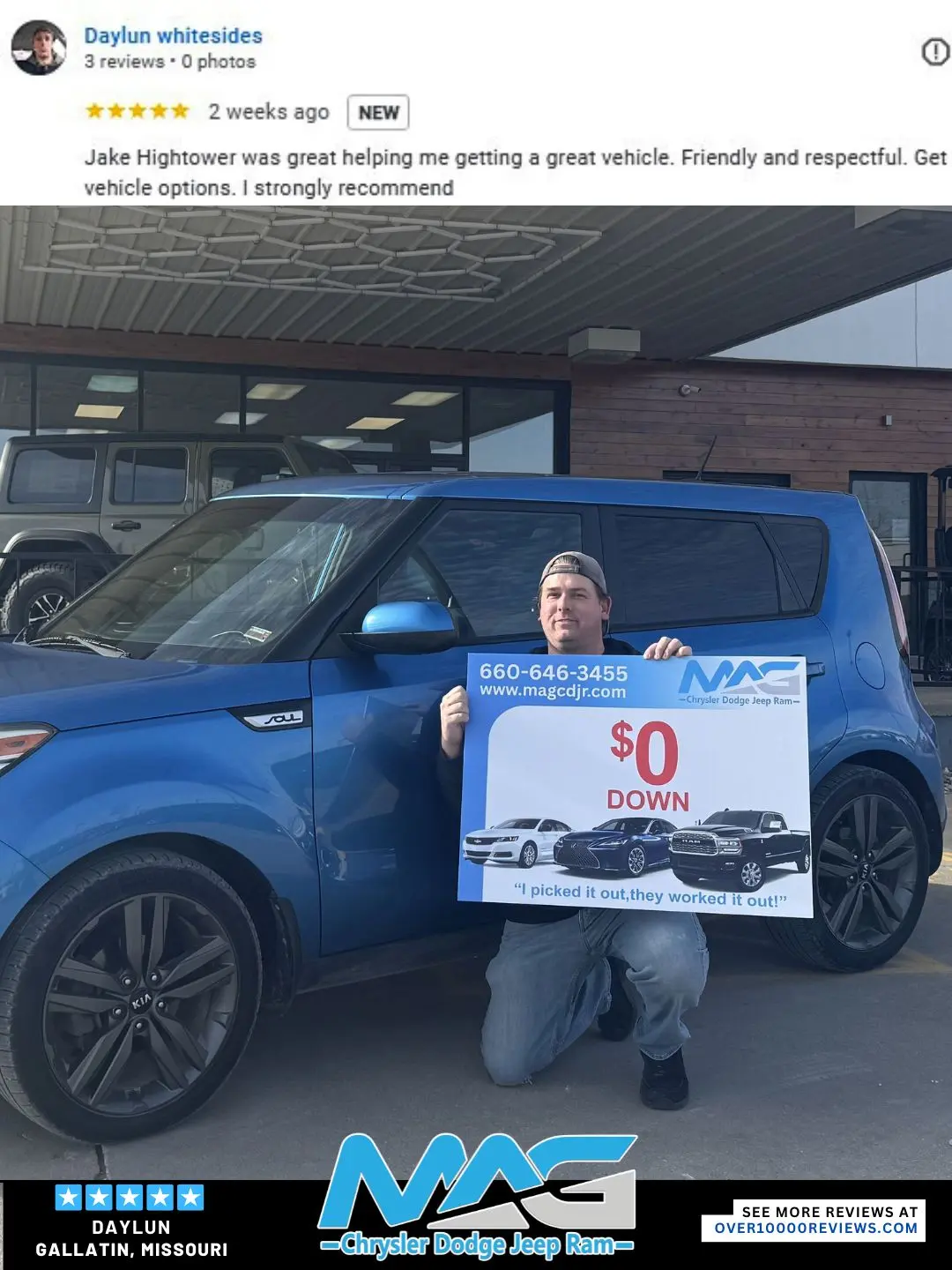 Smiling MAG CDJR customer featured in a testimonial about excellent car buying experience