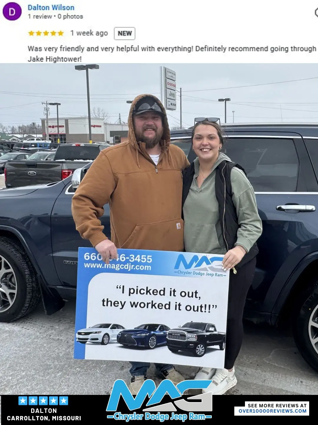 Smiling MAG CDJR customer featured in a testimonial about excellent car buying experience